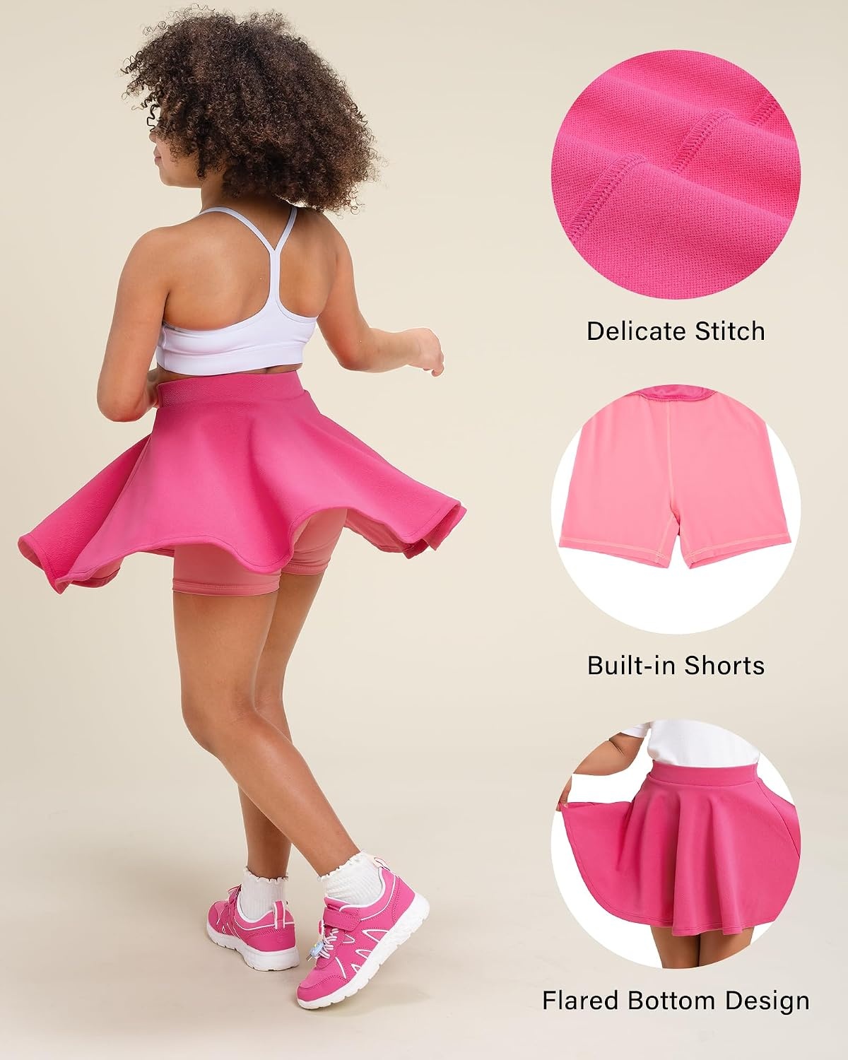 Stelle Girls Skirt Casual Flare Plain Pleated Stretch Waist Skater Skirts Uniform Skorts with Built in Shorts 4-15 Years(Hot Pink)