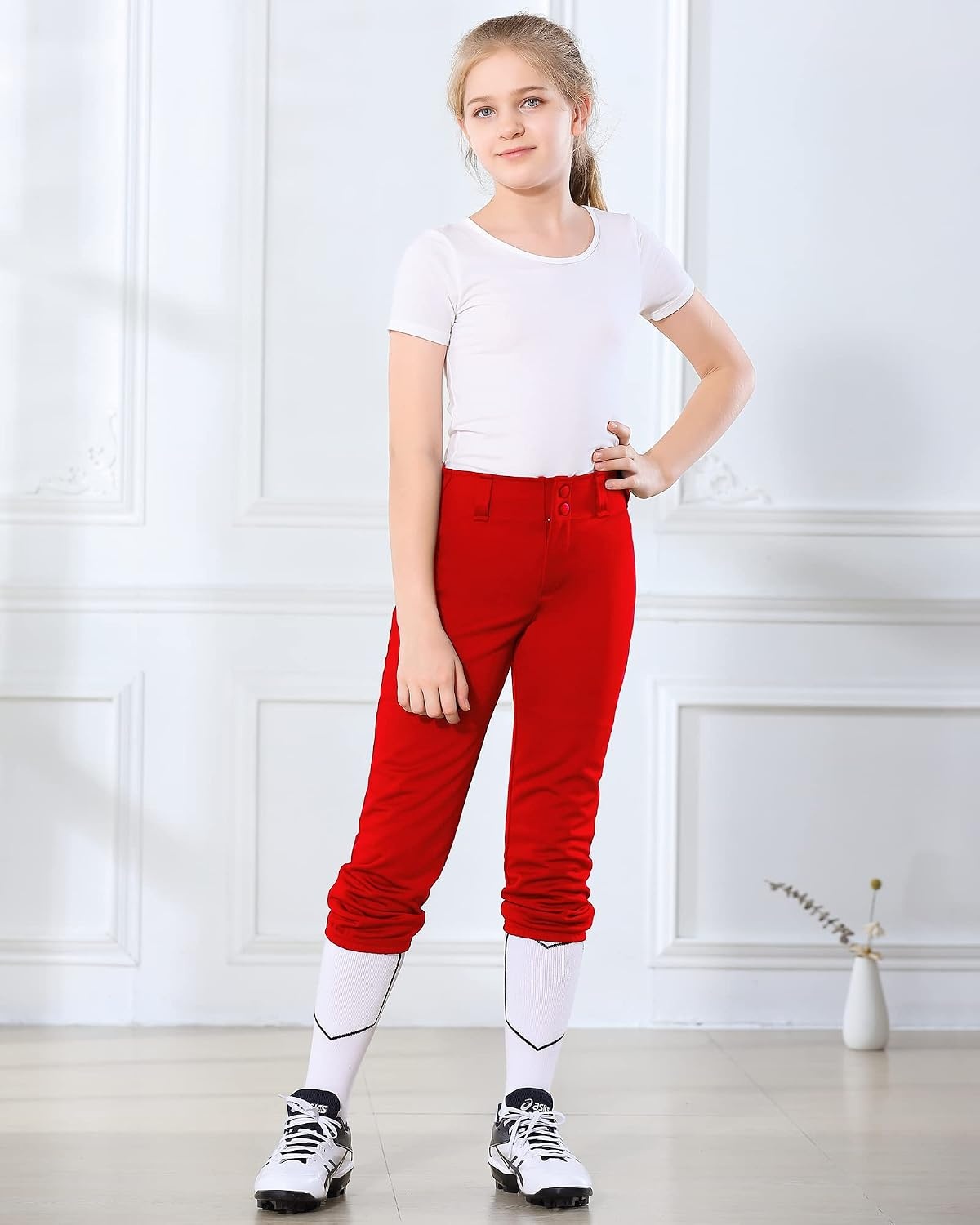 Stelle Softball Pants for Girls Youth with Pockets for Kids Fastpitch | Tee ball, Belt Loops, Abrasion-resistant, Double Knee Performance, Practice, Game Day, Elastic Leg Openings(Red)