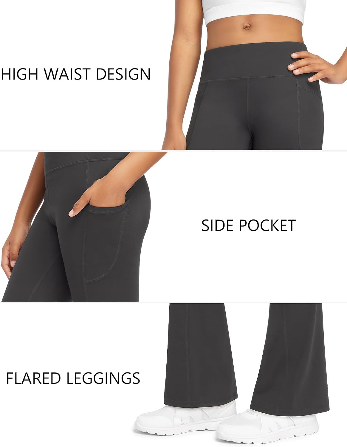 Stelle Girls Fleece Lined Flare Leggings with Pockets Bell Bottom Pants | Warm Fleece Lining,Soft 4-Way Stretch,Side Pockets, Flared Leg Style for Yoga,Dance,Gymnastics, School,Athletic,Winter Wear(Charcoal)