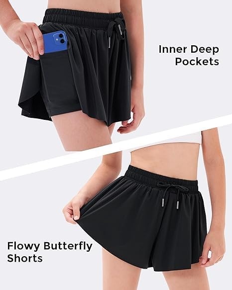 Stelle Girls Butterfly Shorts with Pockets Athletic Running Sports Skirt(Black+white+cotton Candy)