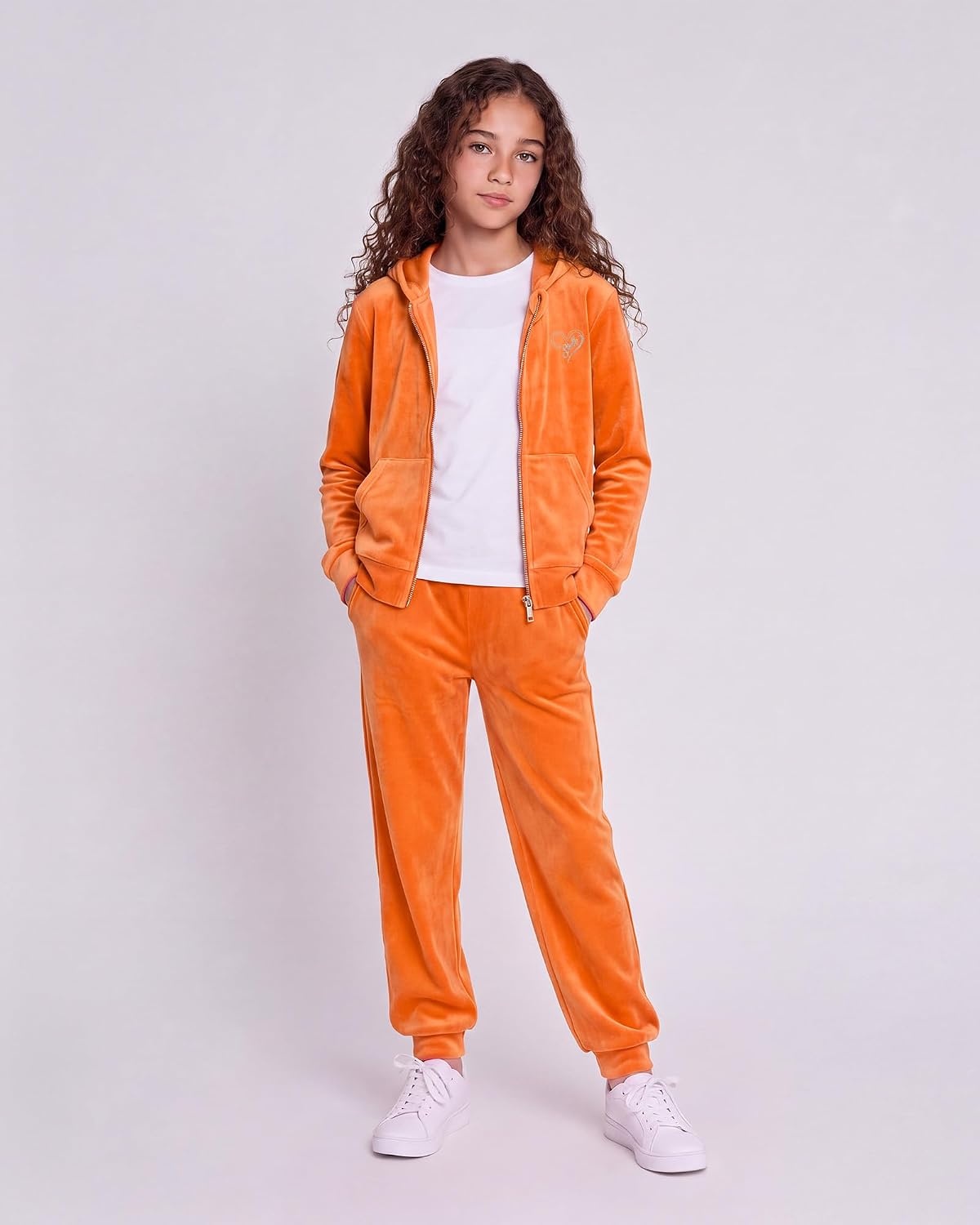 Stelle Girls Velour Tracksuits Zip Up Hoodies Joggers with Pockets 5-15 Y(Orange)