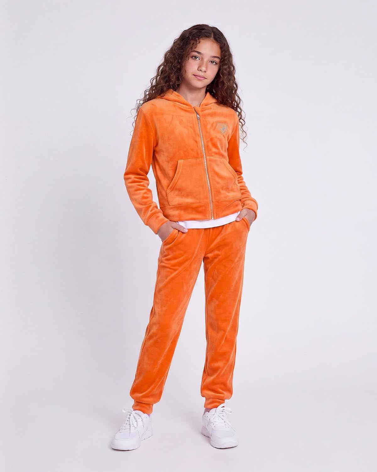 Stelle Girls Velour Tracksuits Zip Up Hoodies Joggers with Pockets 5-15 Y(Orange)