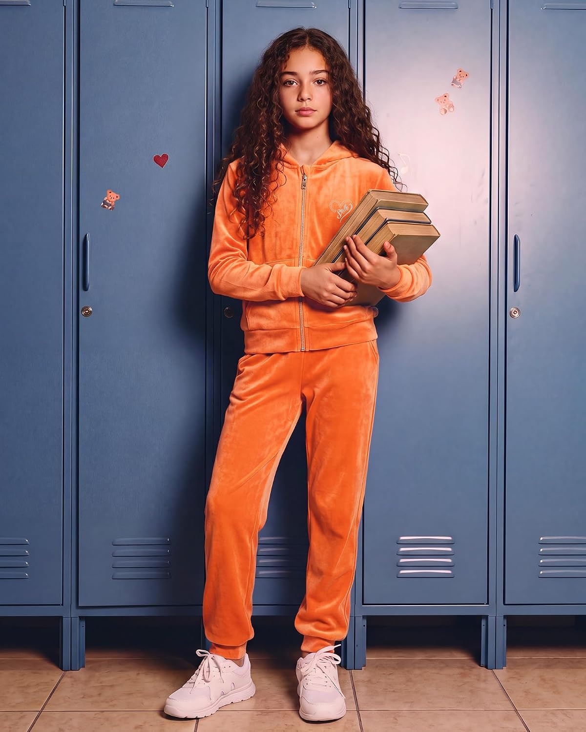 Stelle Girls Velour Tracksuits Zip Up Hoodies Joggers with Pockets 5-15 Y(Orange)