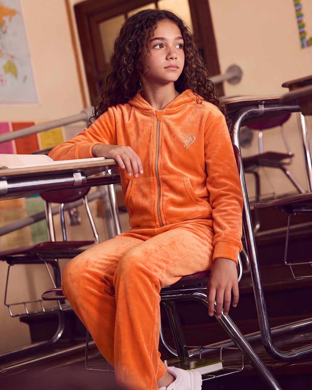 Stelle Girls Velour Tracksuits Zip Up Hoodies Joggers with Pockets 5-15 Y(Orange)