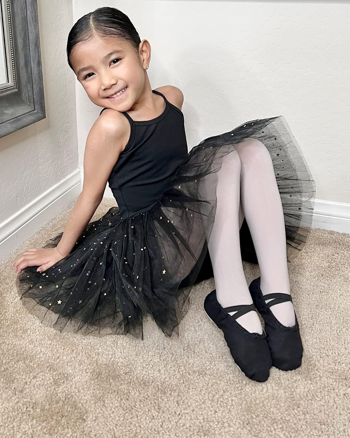 Stelle Canvas Ballet Shoes for Girls Split Sole Drawstring Dance Slippers(Black)