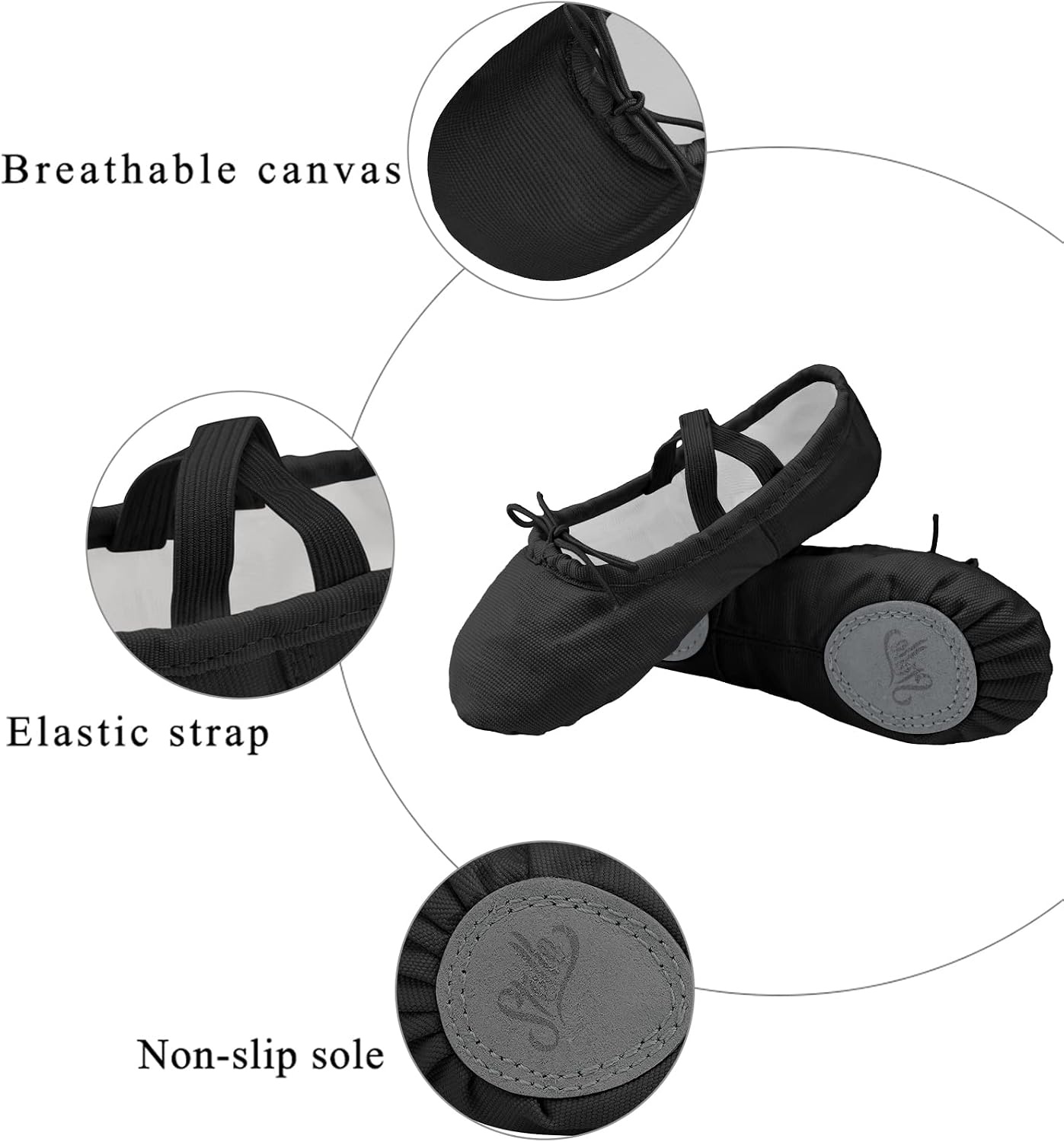 Stelle Canvas Ballet Shoes for Girls Split Sole Drawstring Dance Slippers(Black)