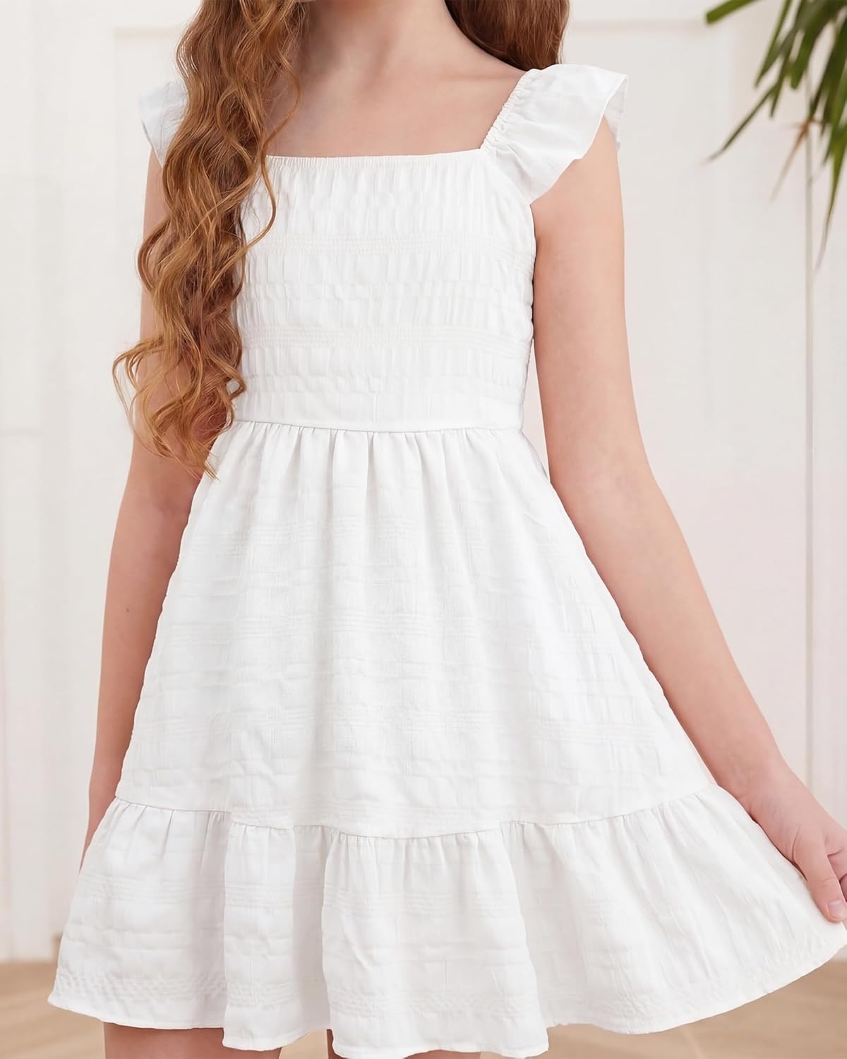 Stelle Girls Square Neck Flutter Sleeve Tie Back Dress 5-15 Y | Smocked Waist,Criss Cross Back Bow,Cotton Lining, Knee Length,Breathable,Stretchable,Easter/Spring/Summer/Vacation/Beach(White)