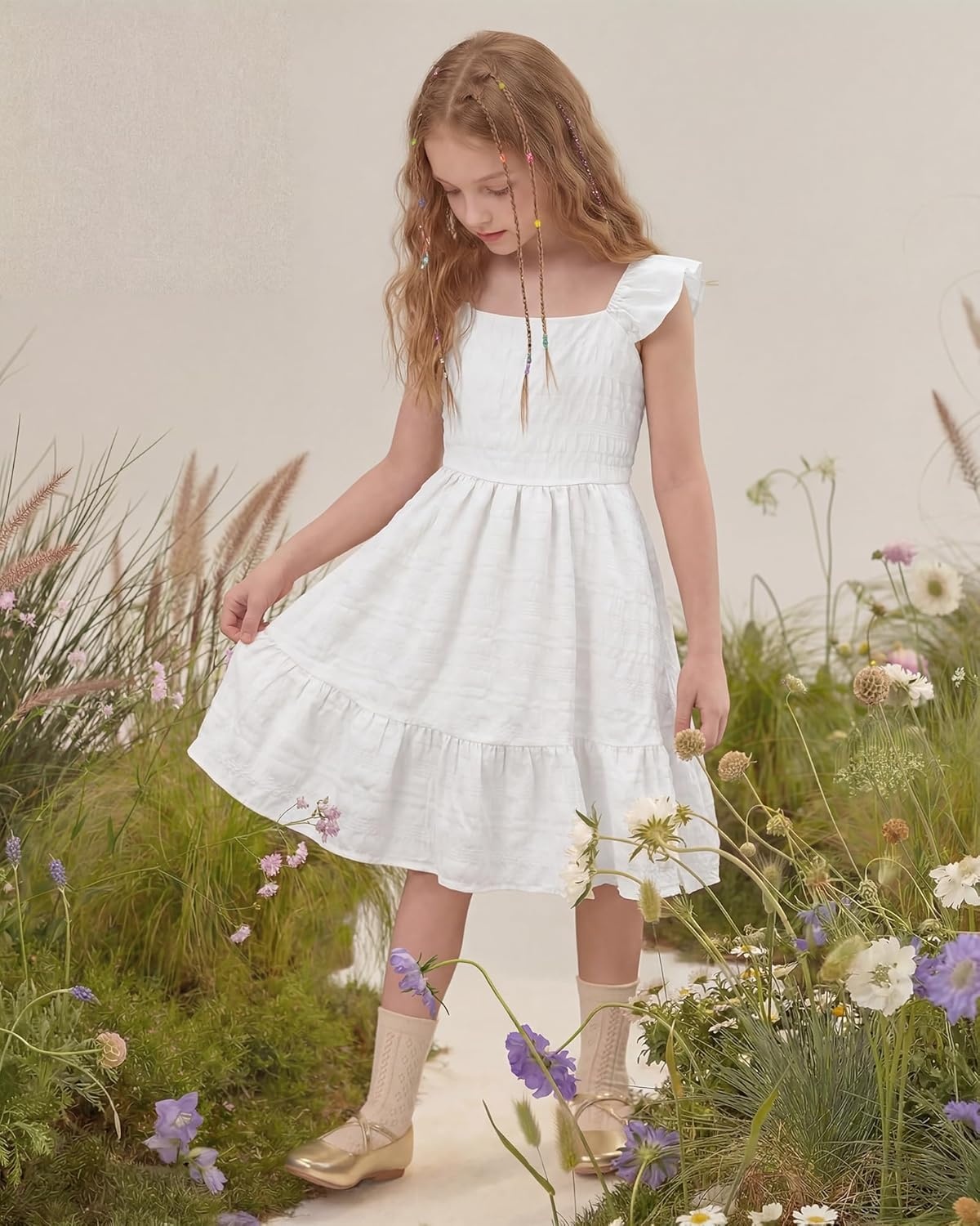Stelle Girls Square Neck Flutter Sleeve Tie Back Dress 5-15 Y | Smocked Waist,Criss Cross Back Bow,Cotton Lining, Knee Length,Breathable,Stretchable,Easter/Spring/Summer/Vacation/Beach(White)