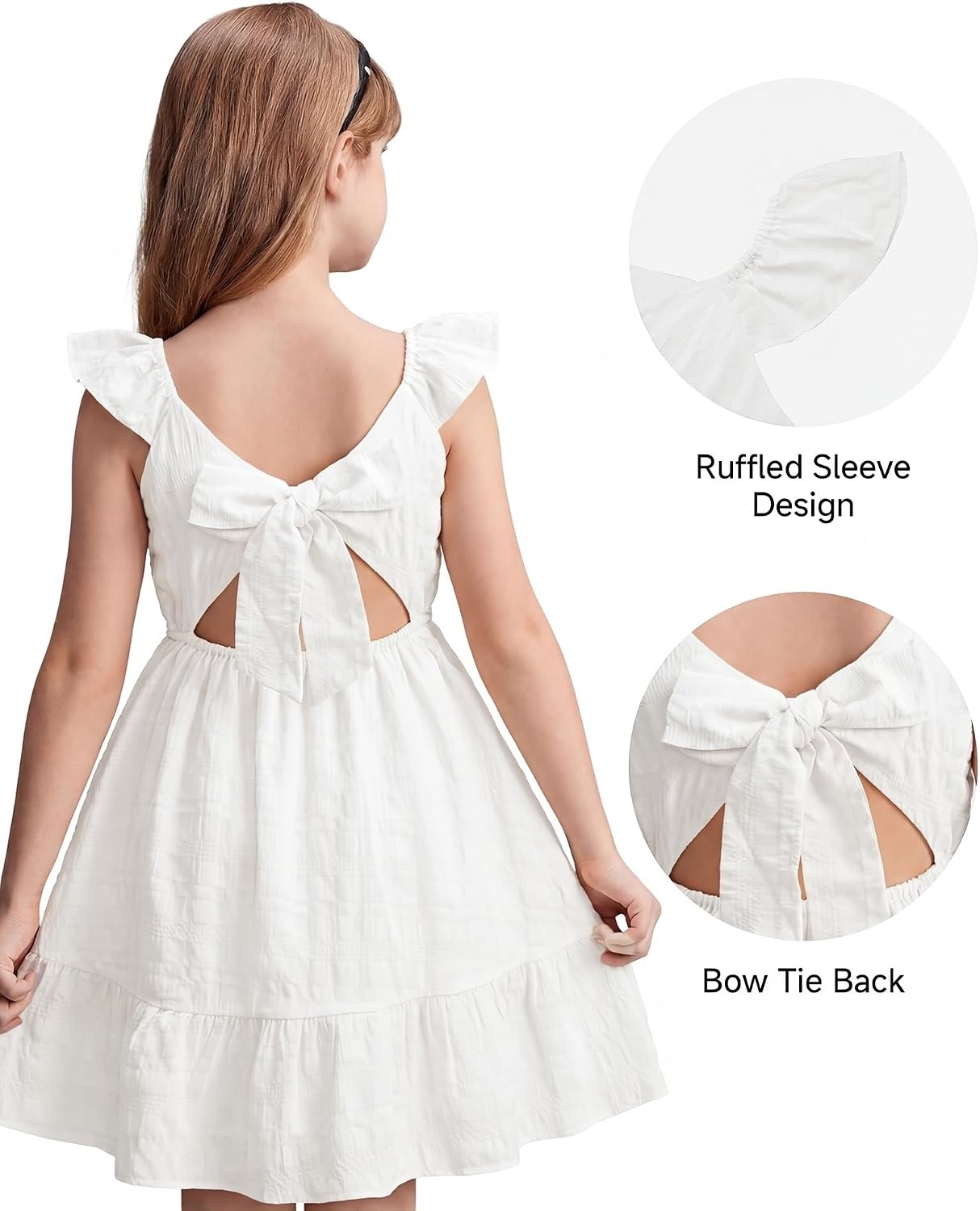 Stelle Girls Square Neck Flutter Sleeve Tie Back Dress 5-15 Y | Smocked Waist,Criss Cross Back Bow,Cotton Lining, Knee Length,Breathable,Stretchable,Easter/Spring/Summer/Vacation/Beach(White)