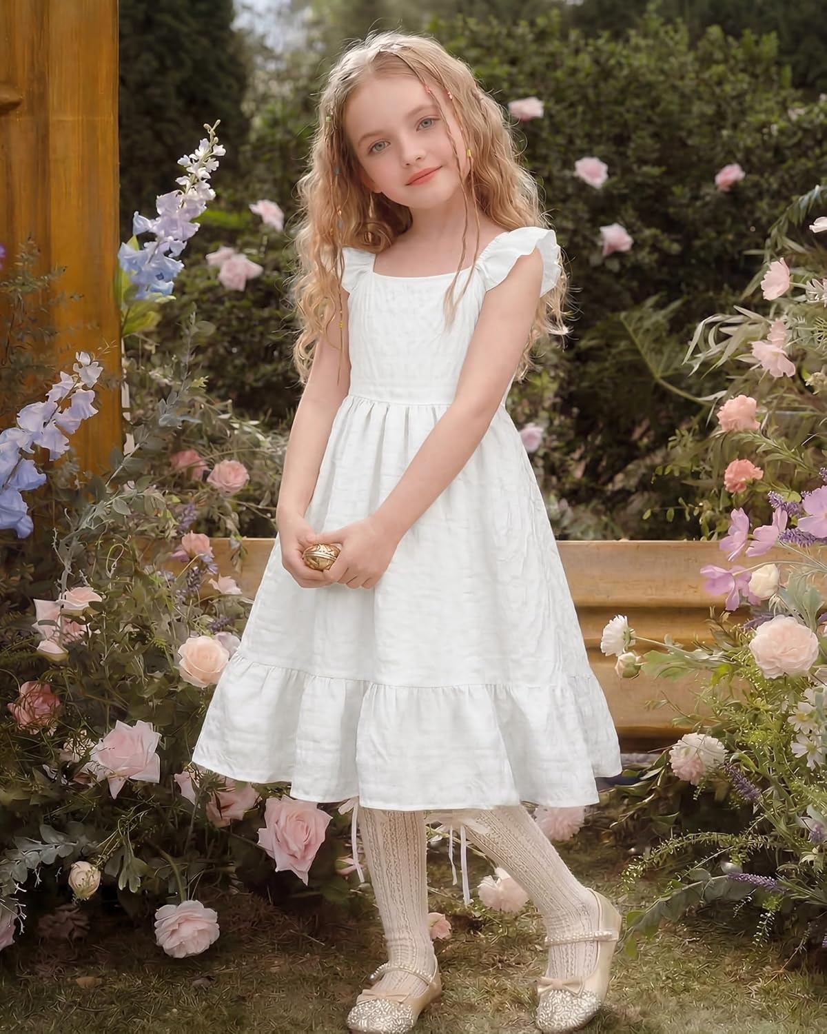 Stelle Girls Square Neck Flutter Sleeve Tie Back Dress 5-15 Y | Smocked Waist,Criss Cross Back Bow,Cotton Lining, Knee Length,Breathable,Stretchable,Easter/Spring/Summer/Vacation/Beach(White)