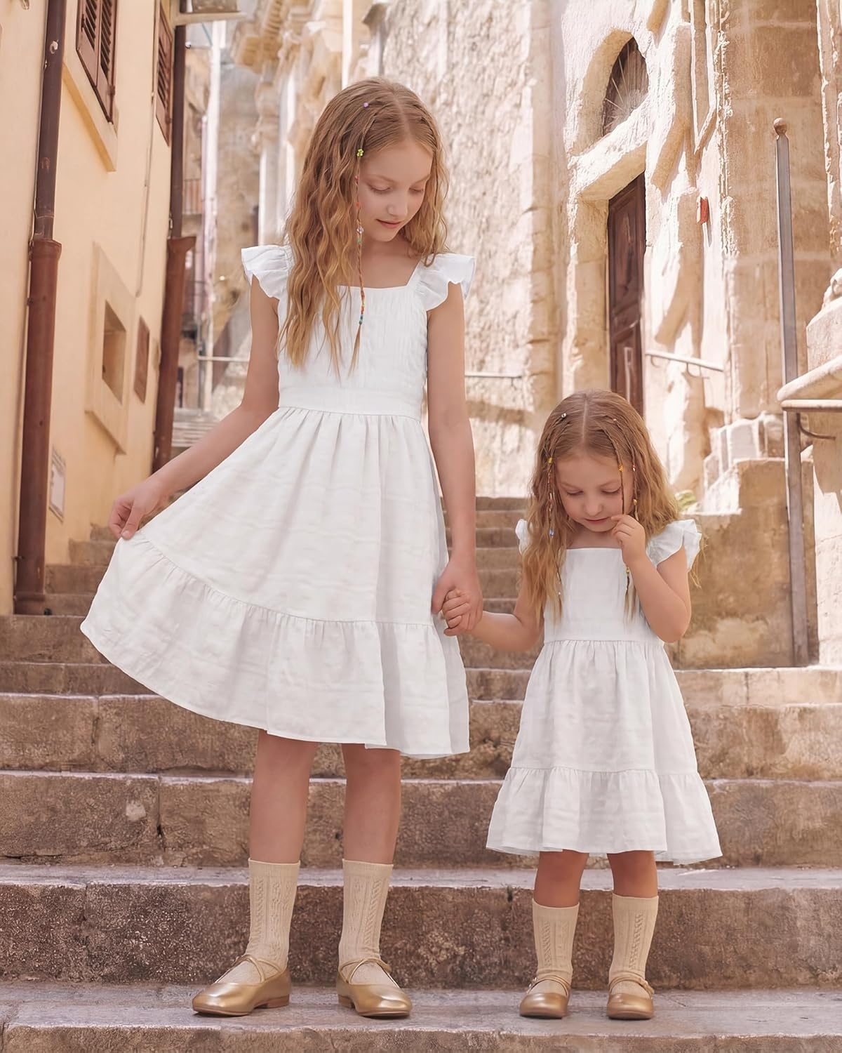Stelle Girls Square Neck Flutter Sleeve Tie Back Dress 5-15 Y | Smocked Waist,Criss Cross Back Bow,Cotton Lining, Knee Length,Breathable,Stretchable,Easter/Spring/Summer/Vacation/Beach(White)