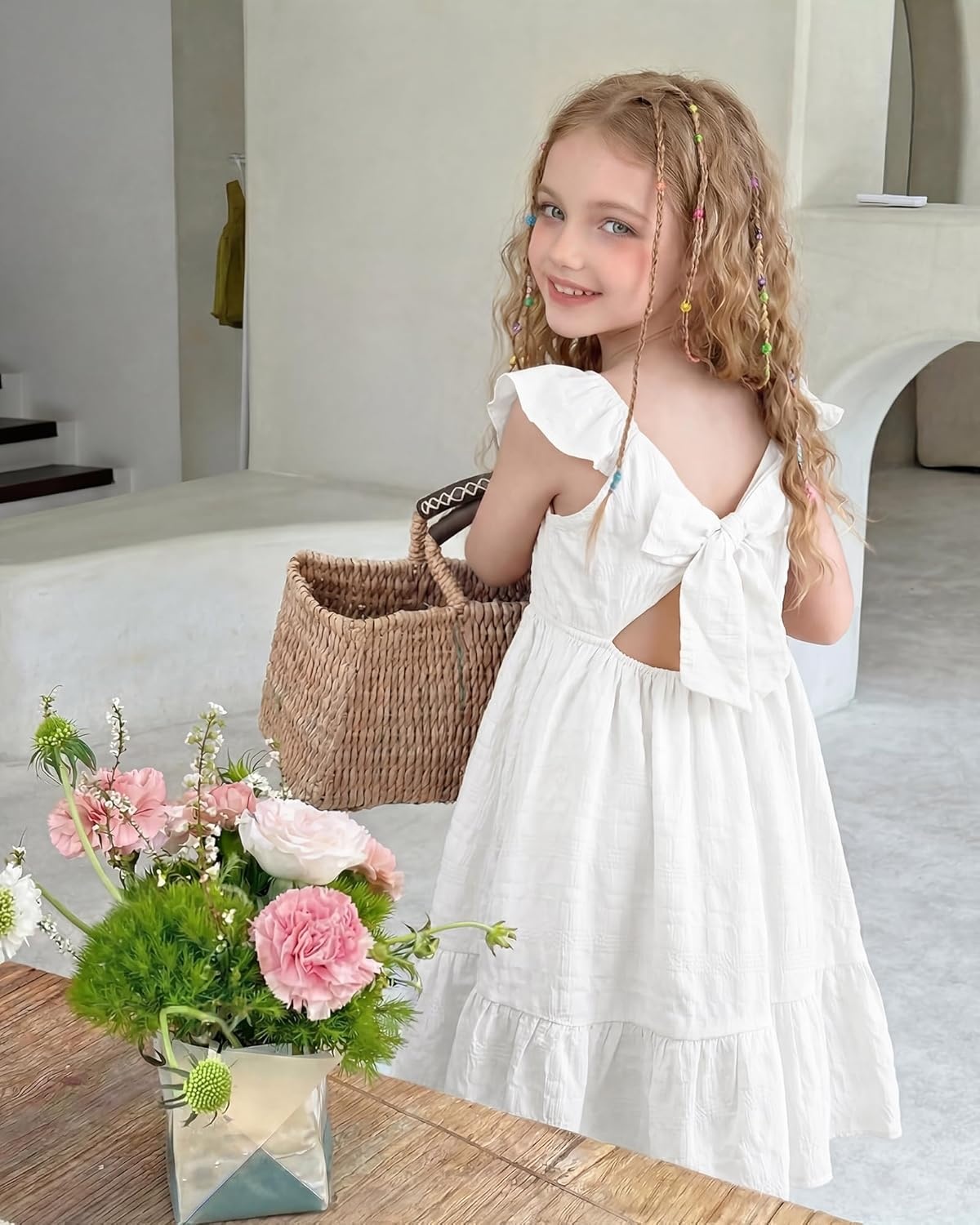Stelle Girls Square Neck Flutter Sleeve Tie Back Dress 5-15 Y | Smocked Waist,Criss Cross Back Bow,Cotton Lining, Knee Length,Breathable,Stretchable,Easter/Spring/Summer/Vacation/Beach(White)