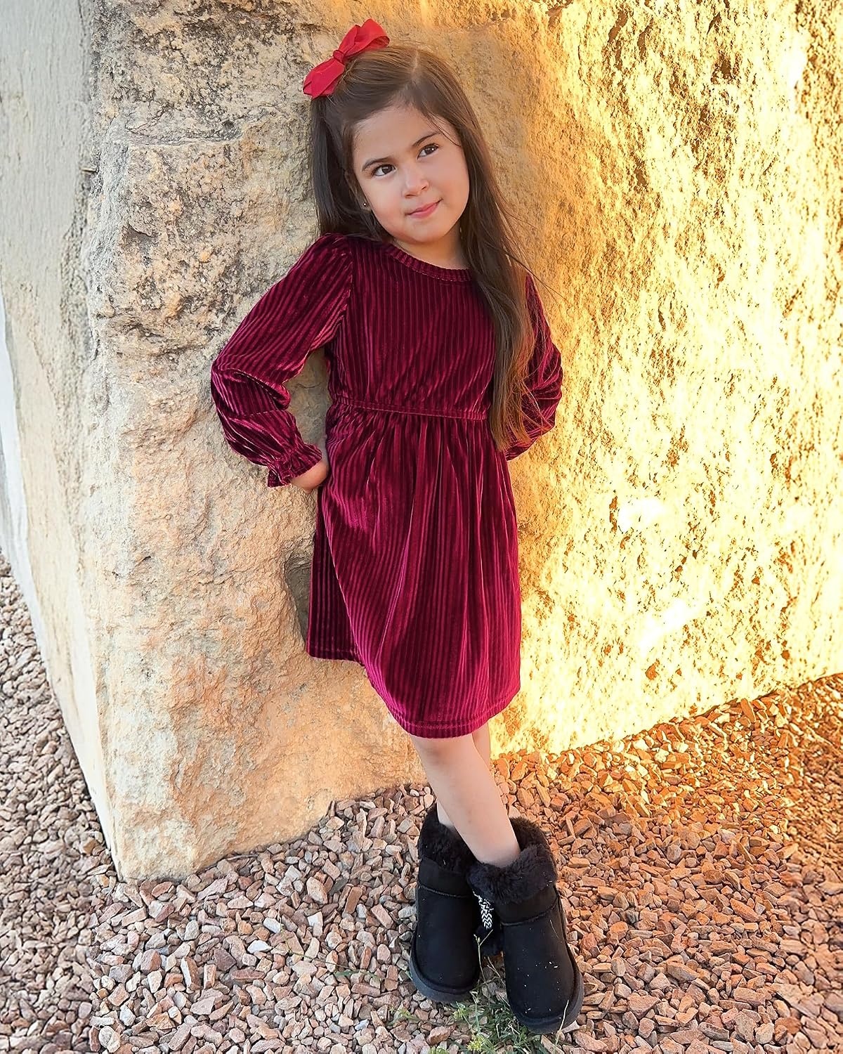 Stelle Girls Long Sleeve Velvet Dress with Pockets 5-15 Years | Bell Sleeve,Knee Length,Ribbed,A Line,Twirly Dress,High Waist,Fall/Winter Dress,Holiday/Christmas/New Years Eve/Party(Ruby)