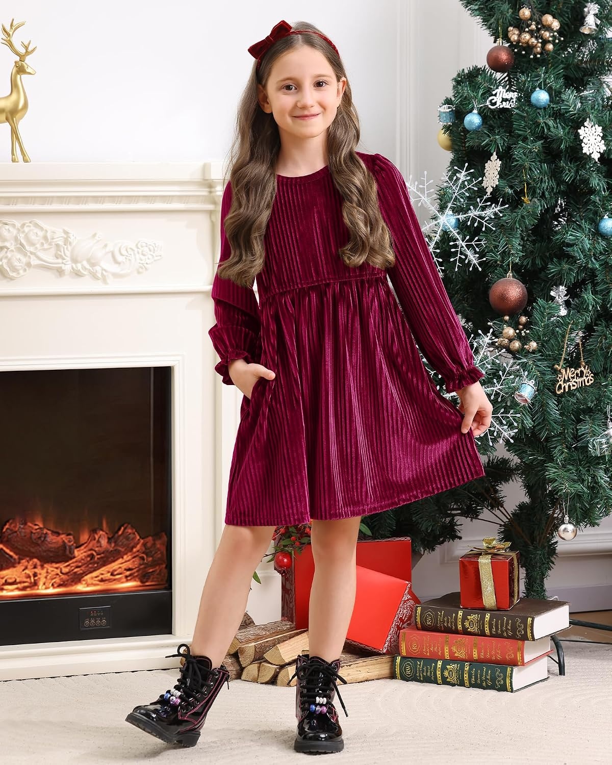 Stelle Girls Long Sleeve Velvet Dress with Pockets 5-15 Years | Bell Sleeve,Knee Length,Ribbed,A Line,Twirly Dress,High Waist,Fall/Winter Dress,Holiday/Christmas/New Years Eve/Party(Ruby)