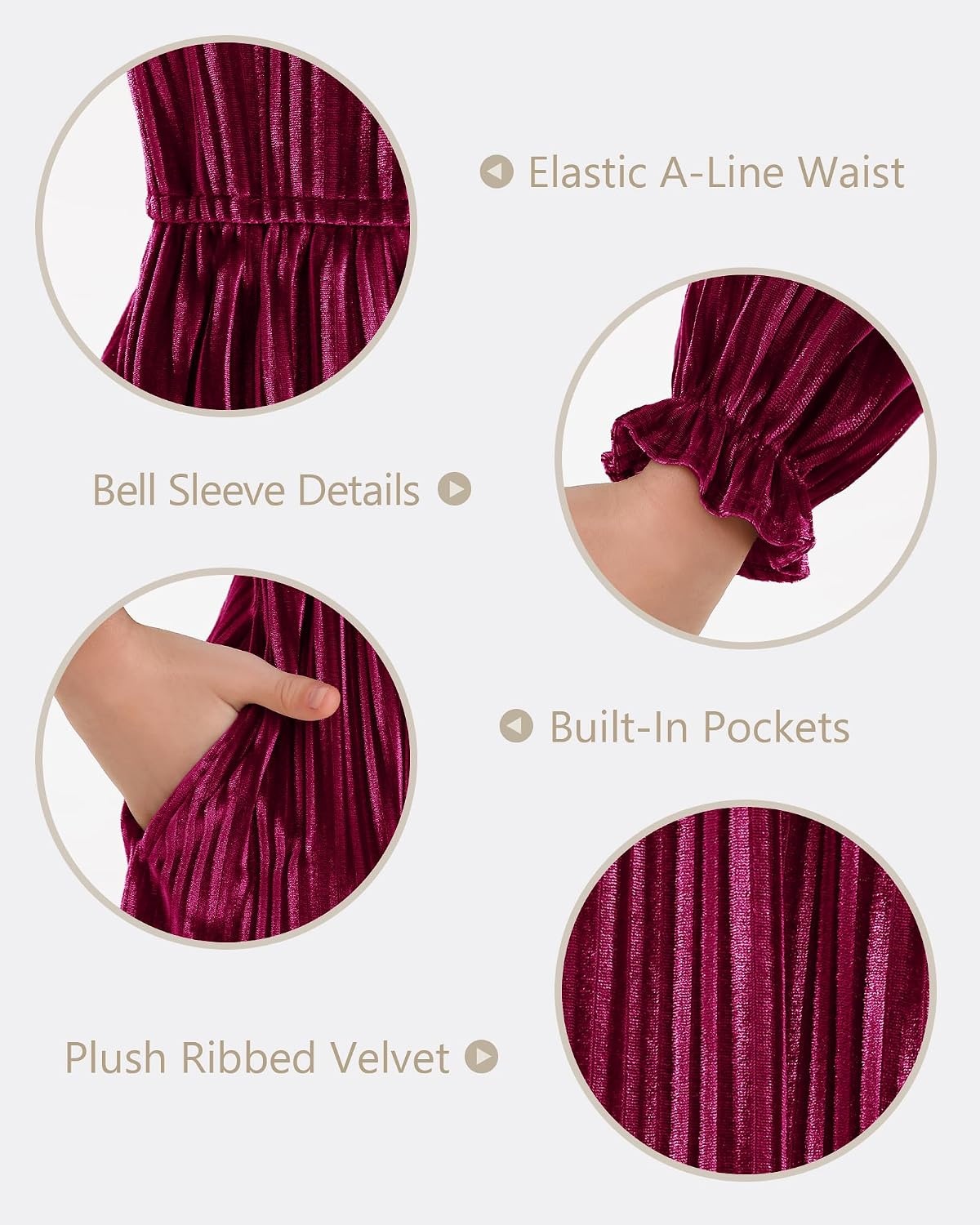 Stelle Girls Long Sleeve Velvet Dress with Pockets 5-15 Years | Bell Sleeve,Knee Length,Ribbed,A Line,Twirly Dress,High Waist,Fall/Winter Dress,Holiday/Christmas/New Years Eve/Party(Ruby)