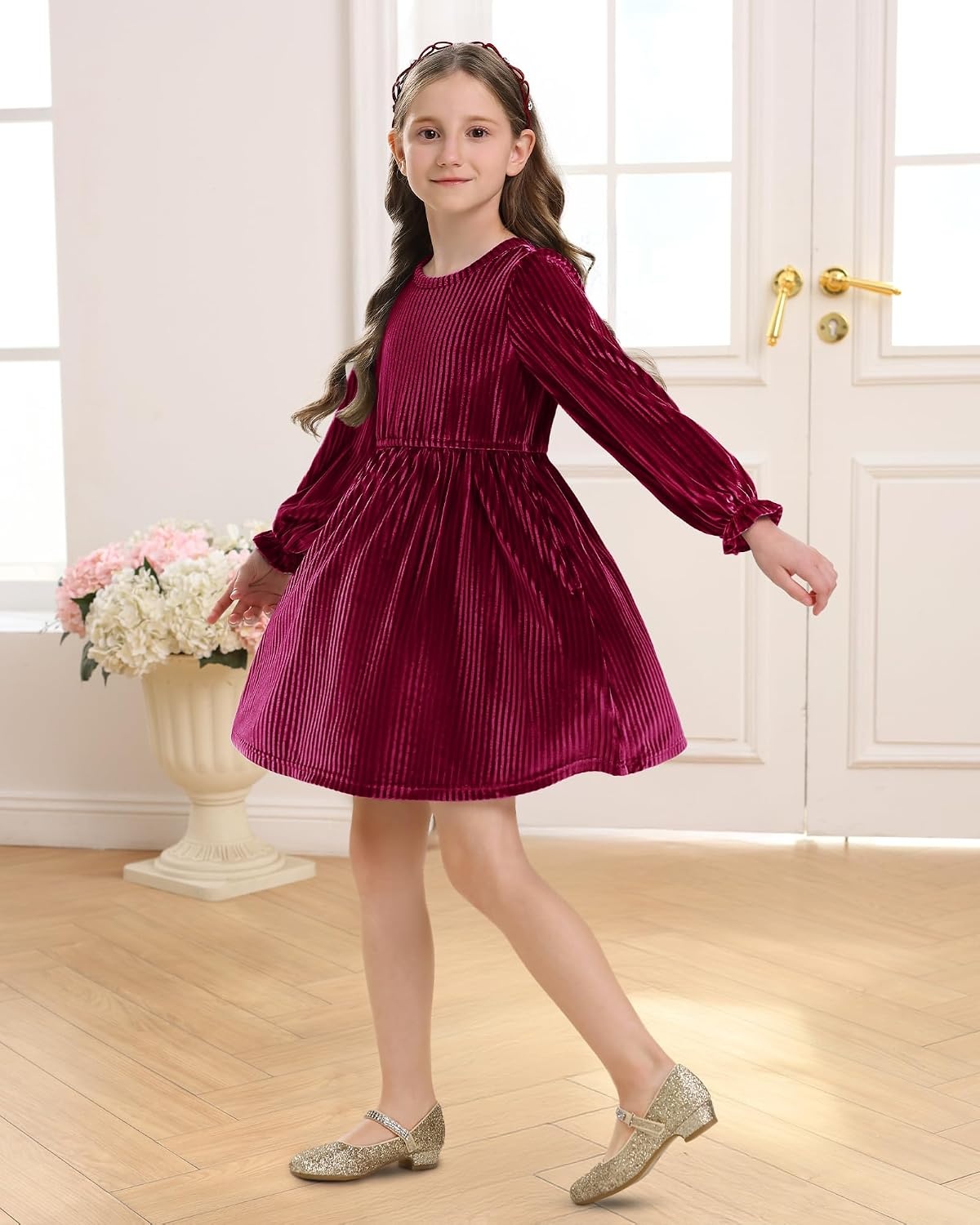Stelle Girls Long Sleeve Velvet Dress with Pockets 5-15 Years | Bell Sleeve,Knee Length,Ribbed,A Line,Twirly Dress,High Waist,Fall/Winter Dress,Holiday/Christmas/New Years Eve/Party(Ruby)