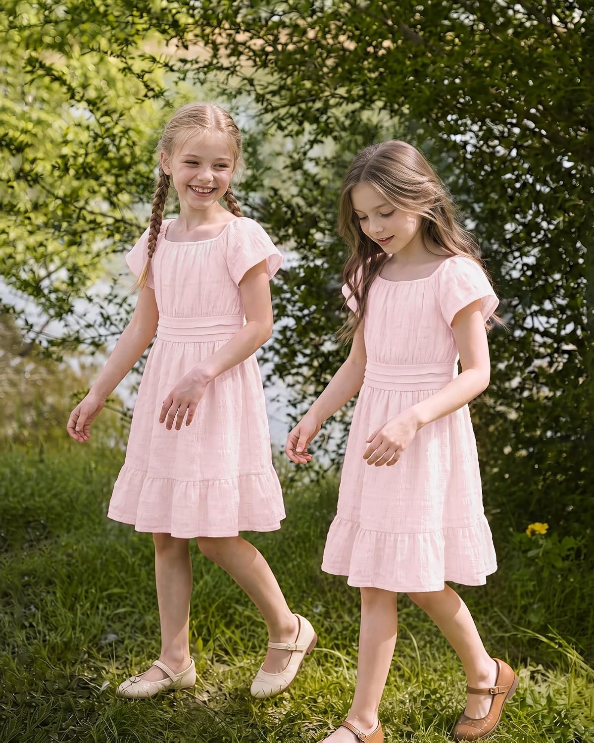 Stelle Girls Summer Casual Smocked Dress 5-15 Years | Short Sleeve,Square Neck,Backless,Cotton Lining,Double Layer,A Line,Twirl Dress,Back to School,Beach,Holiday,Skater Dress(Light Pink)