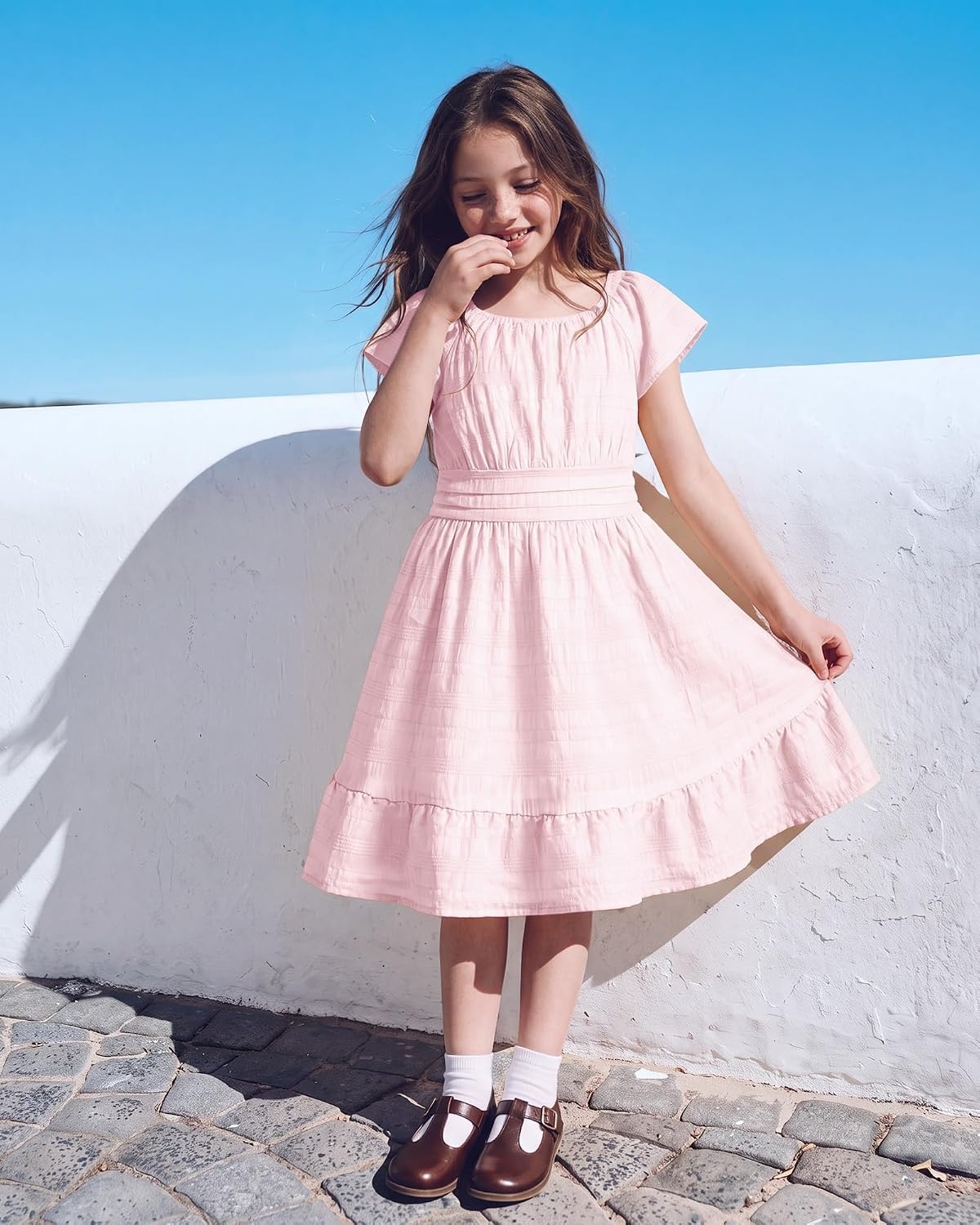 Stelle Girls Summer Casual Smocked Dress 5-15 Years | Short Sleeve,Square Neck,Backless,Cotton Lining,Double Layer,A Line,Twirl Dress,Back to School,Beach,Holiday,Skater Dress(Light Pink)