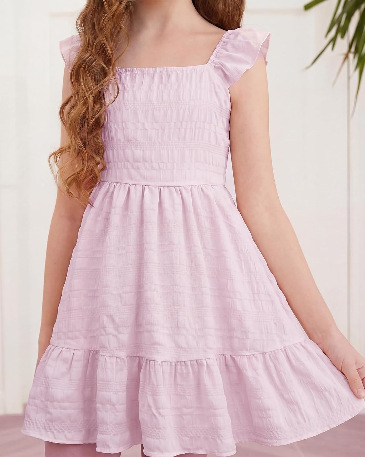 Stelle Girls Square Neck Flutter Sleeve Tie Back Dress 5-15 Y(Lilac)