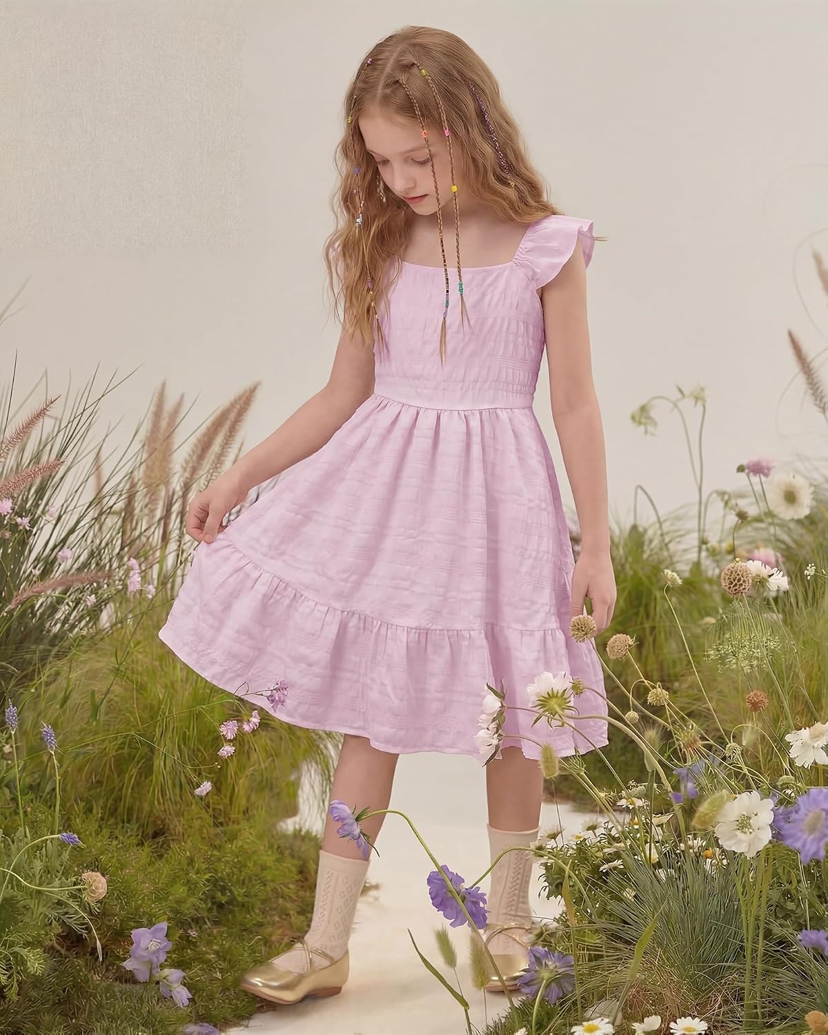 Stelle Girls Square Neck Flutter Sleeve Tie Back Dress 5-15 Y(Lilac)
