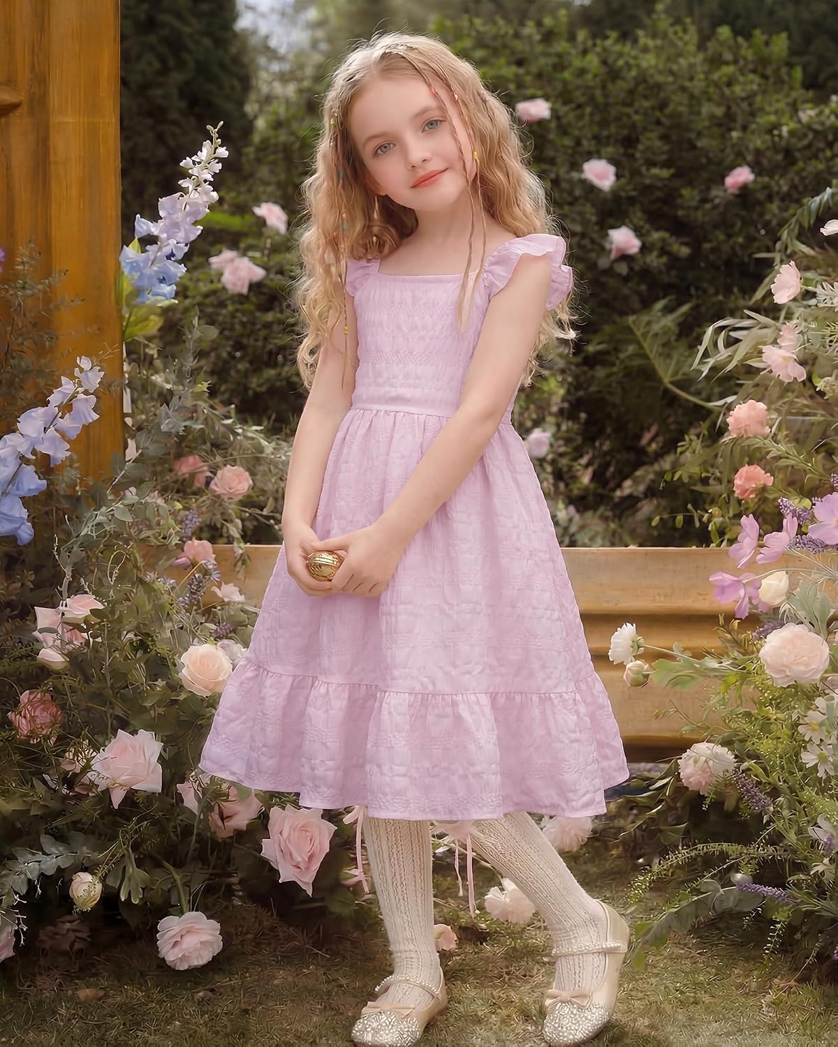 Stelle Girls Square Neck Flutter Sleeve Tie Back Dress 5-15 Y(Lilac)
