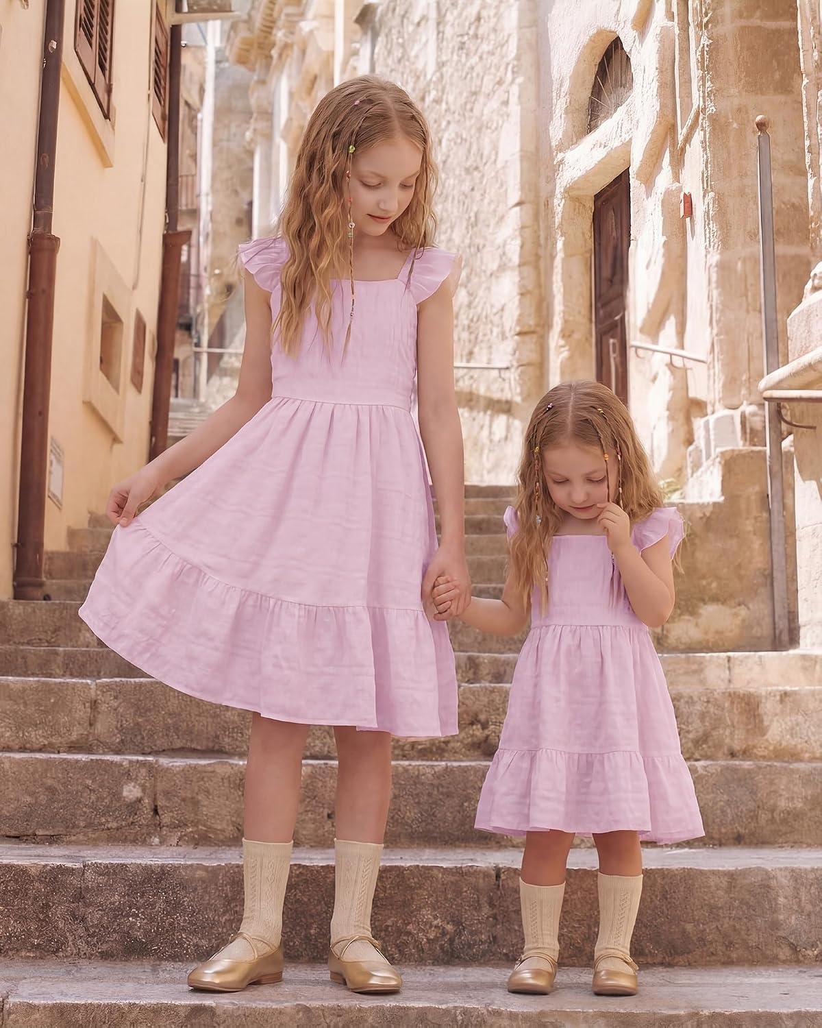 Stelle Girls Square Neck Flutter Sleeve Tie Back Dress 5-15 Y(Lilac)