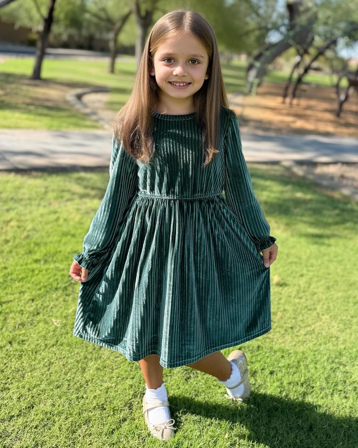 Stelle Girls Long Sleeve Velvet Dress with Pockets 5-15 Years | Bell Sleeve,Knee Length,Ribbed,A Line,Twirly Dress,High Waist,Fall/Winter Dress,Holiday/Christmas/New Years Eve/Party(Peacock Blue)