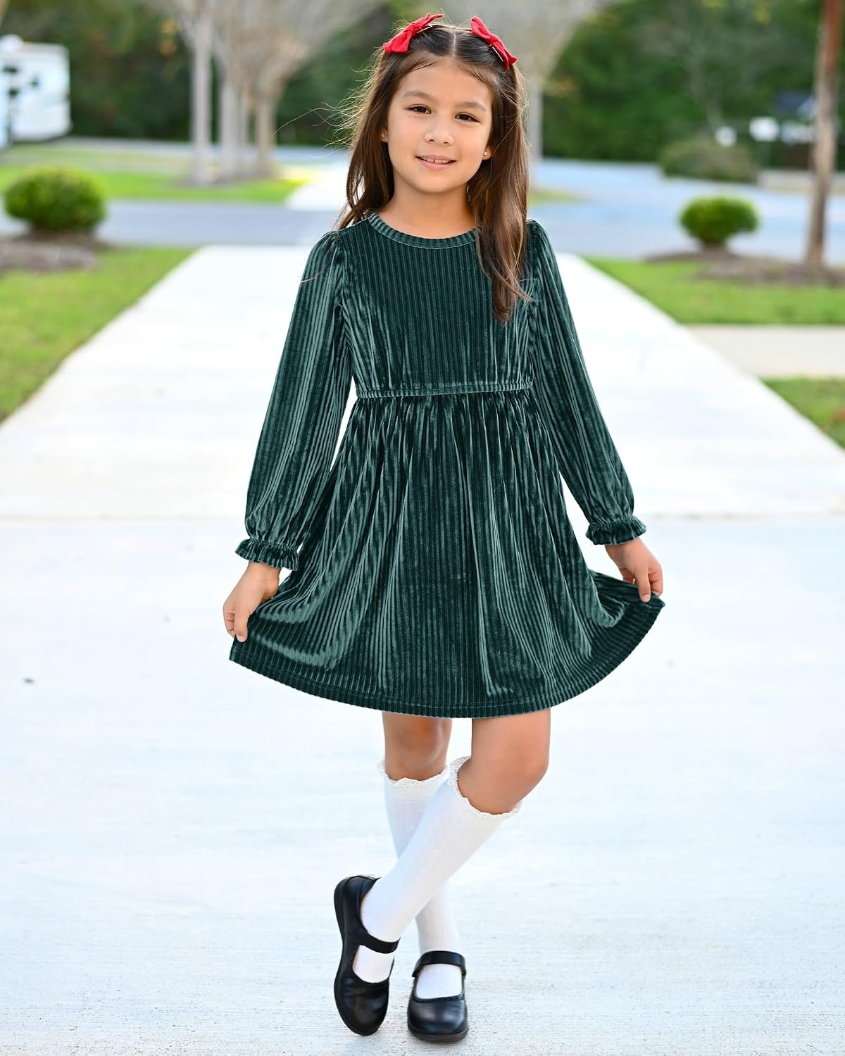 Stelle Girls Long Sleeve Velvet Dress with Pockets 5-15 Years | Bell Sleeve,Knee Length,Ribbed,A Line,Twirly Dress,High Waist,Fall/Winter Dress,Holiday/Christmas/New Years Eve/Party(Peacock Blue)