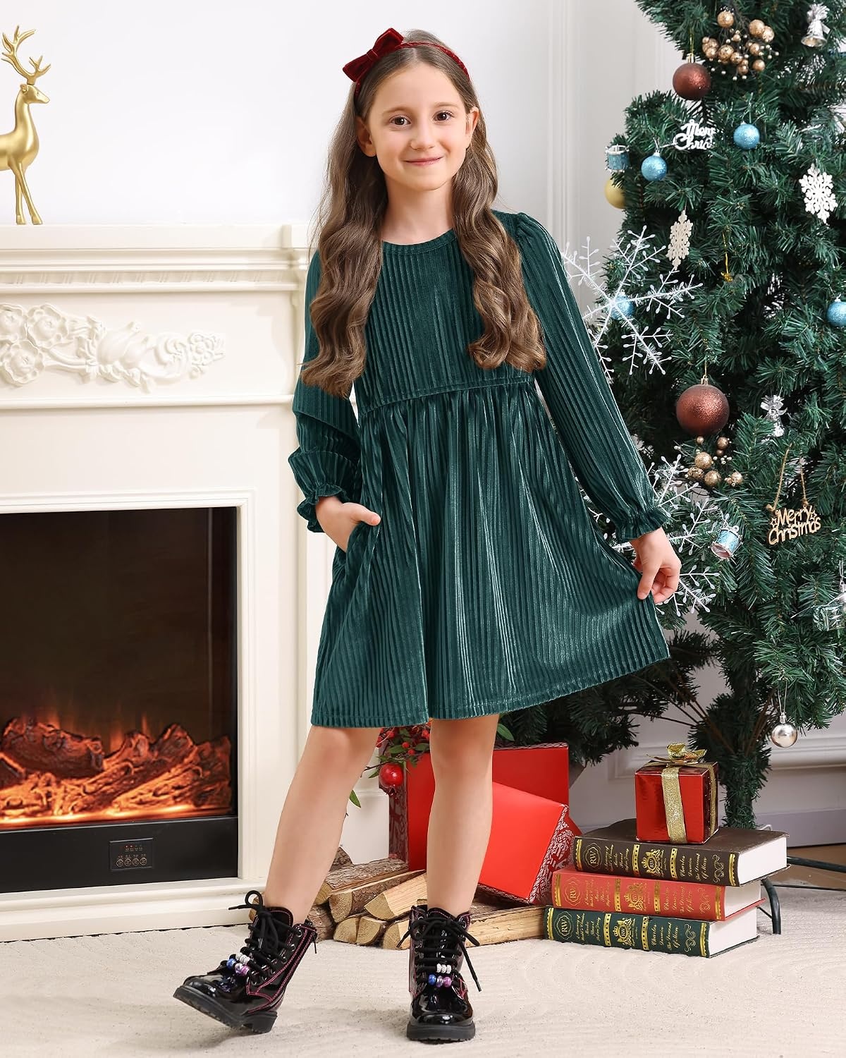Stelle Girls Long Sleeve Velvet Dress with Pockets 5-15 Years | Bell Sleeve,Knee Length,Ribbed,A Line,Twirly Dress,High Waist,Fall/Winter Dress,Holiday/Christmas/New Years Eve/Party(Peacock Blue)
