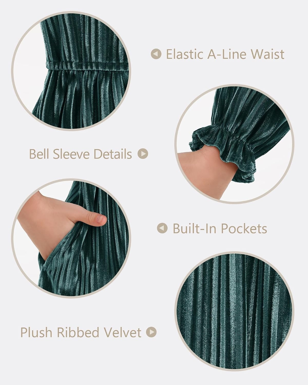 Stelle Girls Long Sleeve Velvet Dress with Pockets 5-15 Years | Bell Sleeve,Knee Length,Ribbed,A Line,Twirly Dress,High Waist,Fall/Winter Dress,Holiday/Christmas/New Years Eve/Party(Peacock Blue)