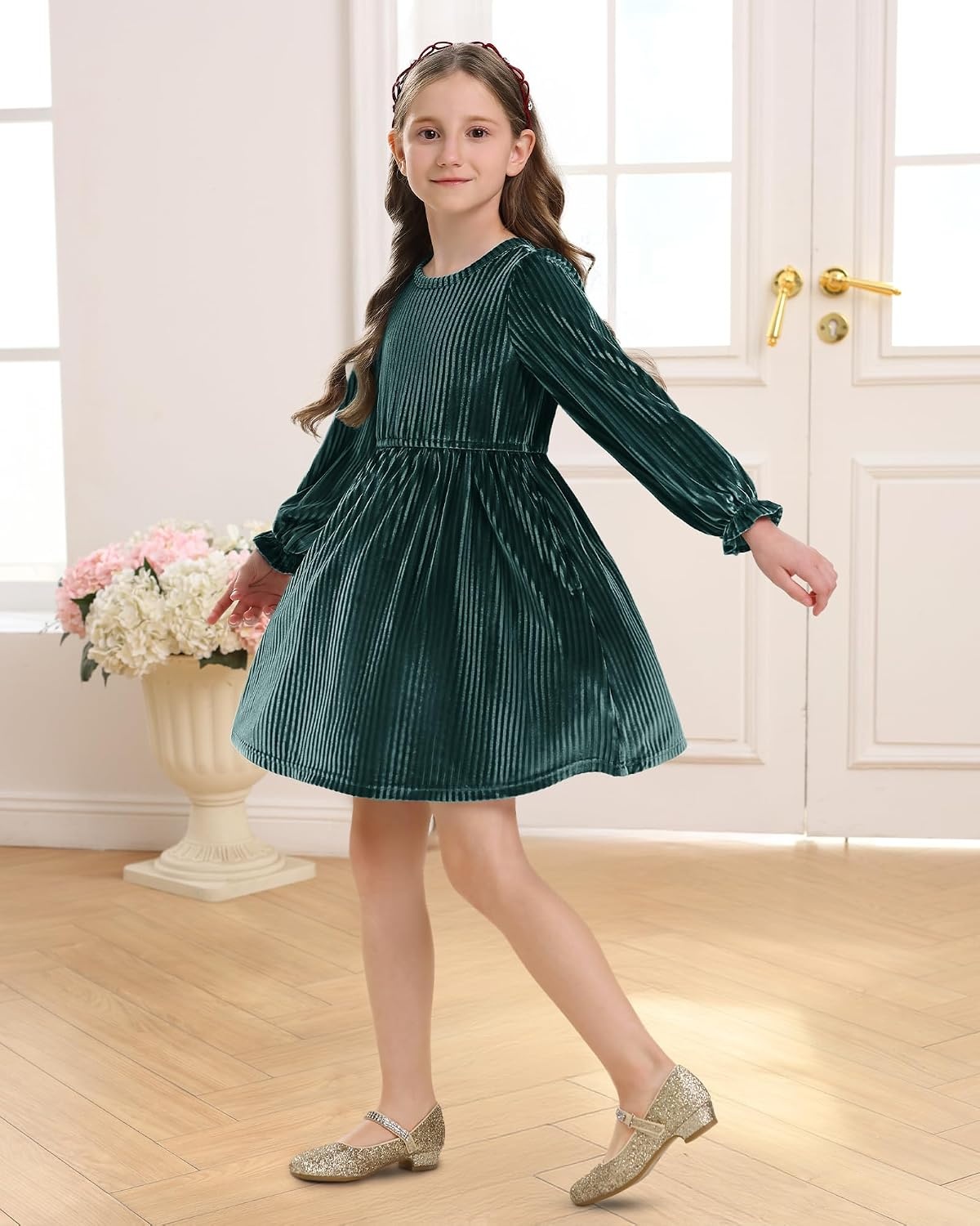 Stelle Girls Long Sleeve Velvet Dress with Pockets 5-15 Years | Bell Sleeve,Knee Length,Ribbed,A Line,Twirly Dress,High Waist,Fall/Winter Dress,Holiday/Christmas/New Years Eve/Party(Peacock Blue)