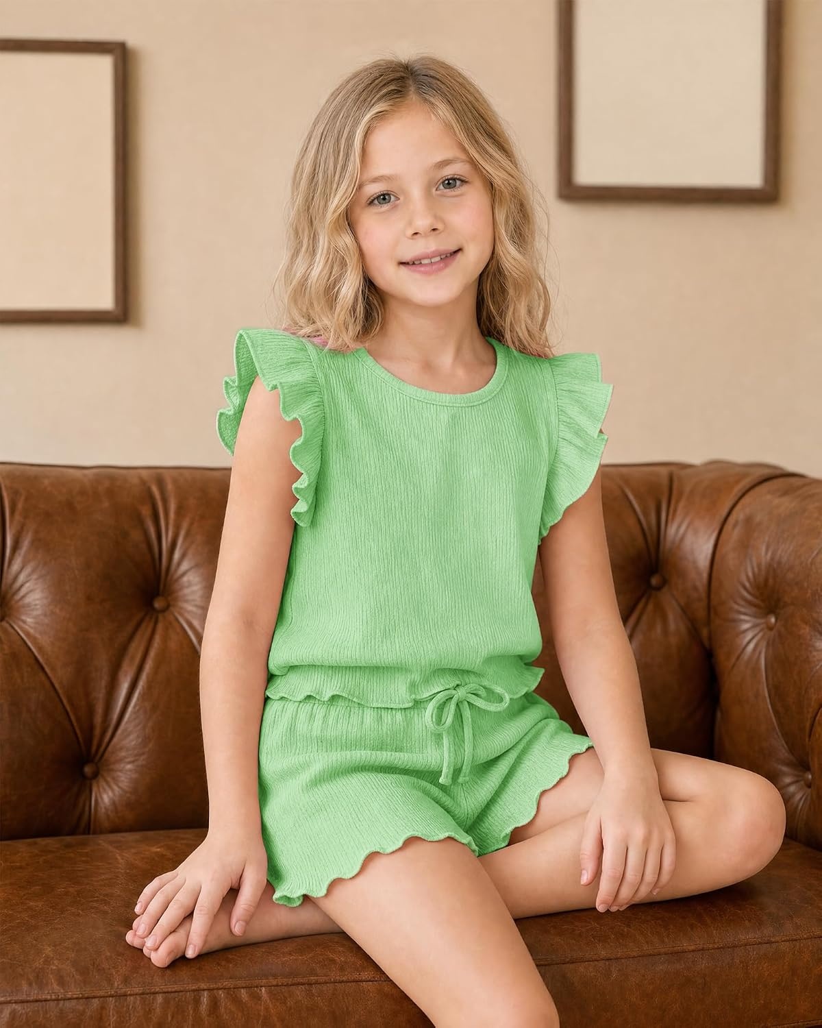 Stelle Girls 2 Piece Summer Outfits Flutter Sleeve Tops and Shorts 5-13Y | Cooling Liner,Shorts with Pockets,Ruffle Tank Tops,Back Keyhole,Cute Bow on Waist,Breathable,Lightweight,Stretchable,Flowy(Green)