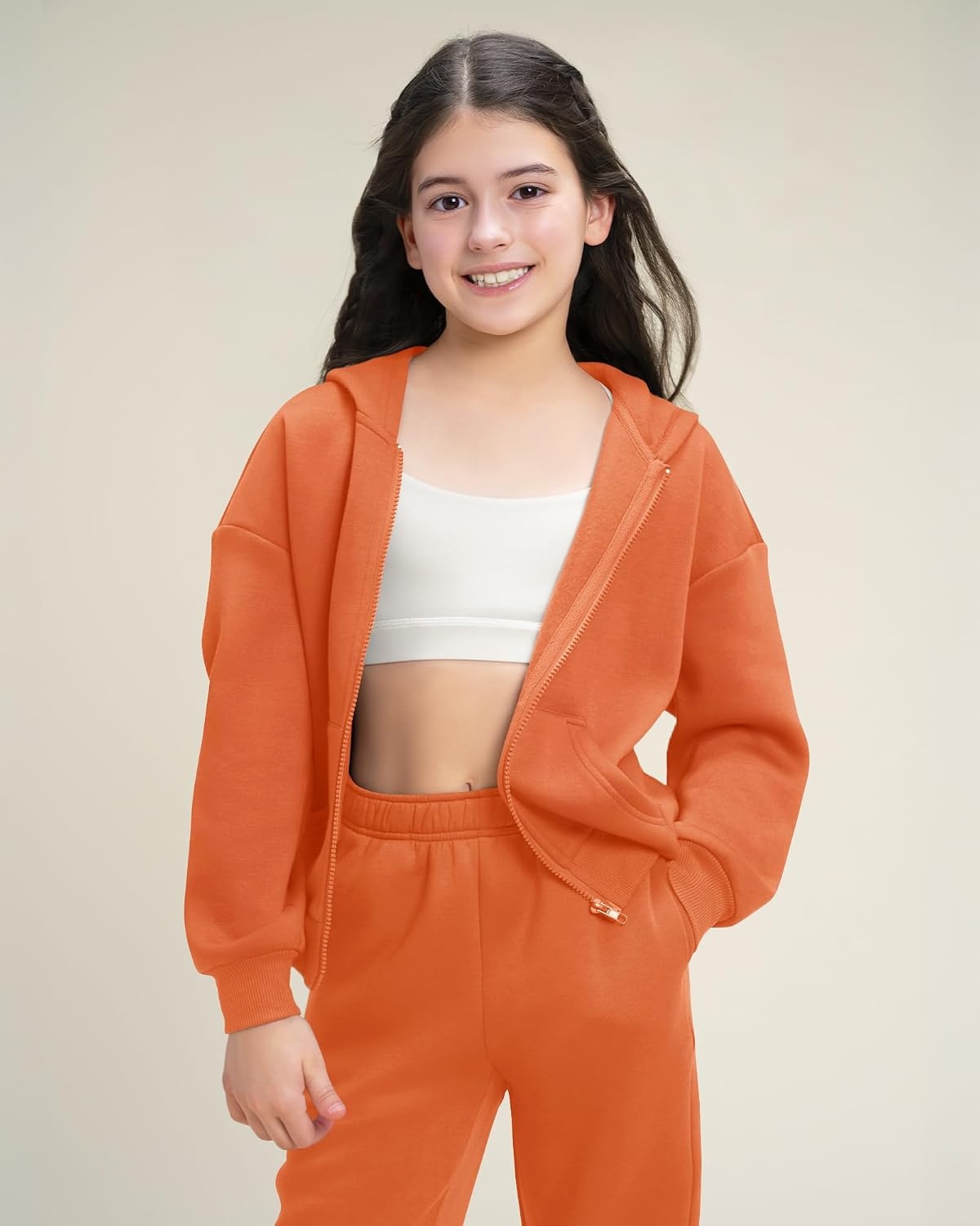 Stelle Girls Athletic Sweatsuit 2 Pieces Sweatshirts and Pant Long Sleeve Zip Up with Pockets Outfits Set(Orange)