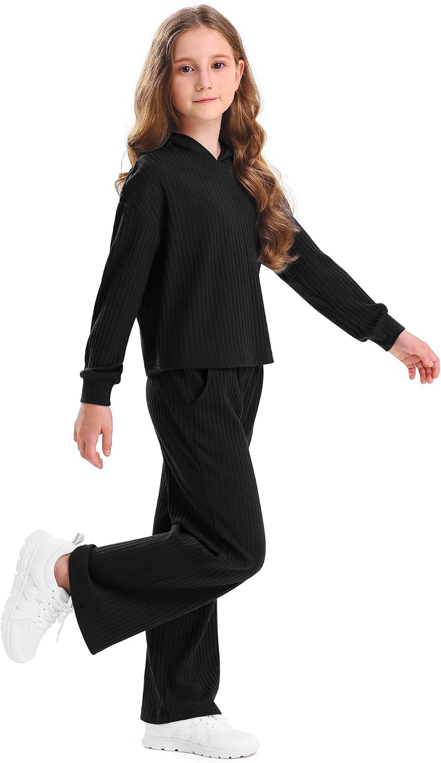 Stelle Girls 2 Piece Fall Outfits Lounge Set 5-15 Y | Sweatpants with Pockets,Ribbed Long Sleeve Pullover Hoodie,Elastic Waist,Stretch Lightweight Comfortable Easy Pull On(Black)