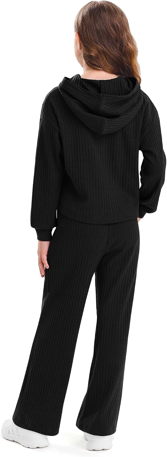 Stelle Girls 2 Piece Fall Outfits Lounge Set 5-15 Y | Sweatpants with Pockets,Ribbed Long Sleeve Pullover Hoodie,Elastic Waist,Stretch Lightweight Comfortable Easy Pull On(Black)