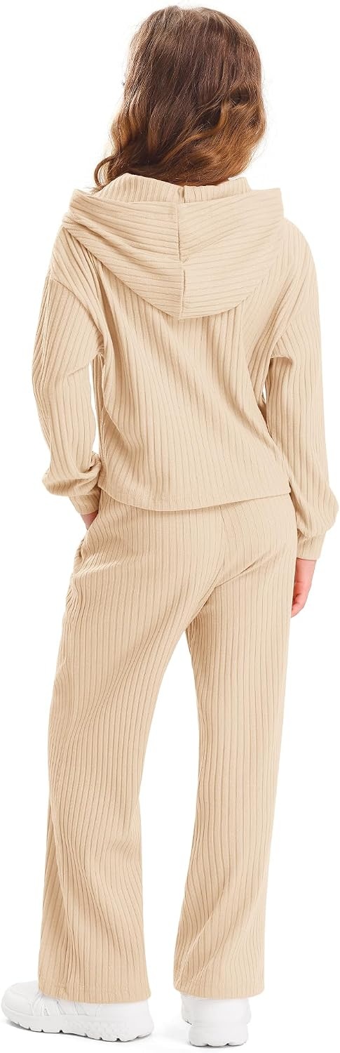 Stelle Girls 2 Piece Fall Outfits Lounge Set 5-15 Y | Sweatpants with Pockets,Ribbed Long Sleeve Pullover Hoodie,Elastic Waist,Stretch Lightweight Comfortable Easy Pull On(Beige)
