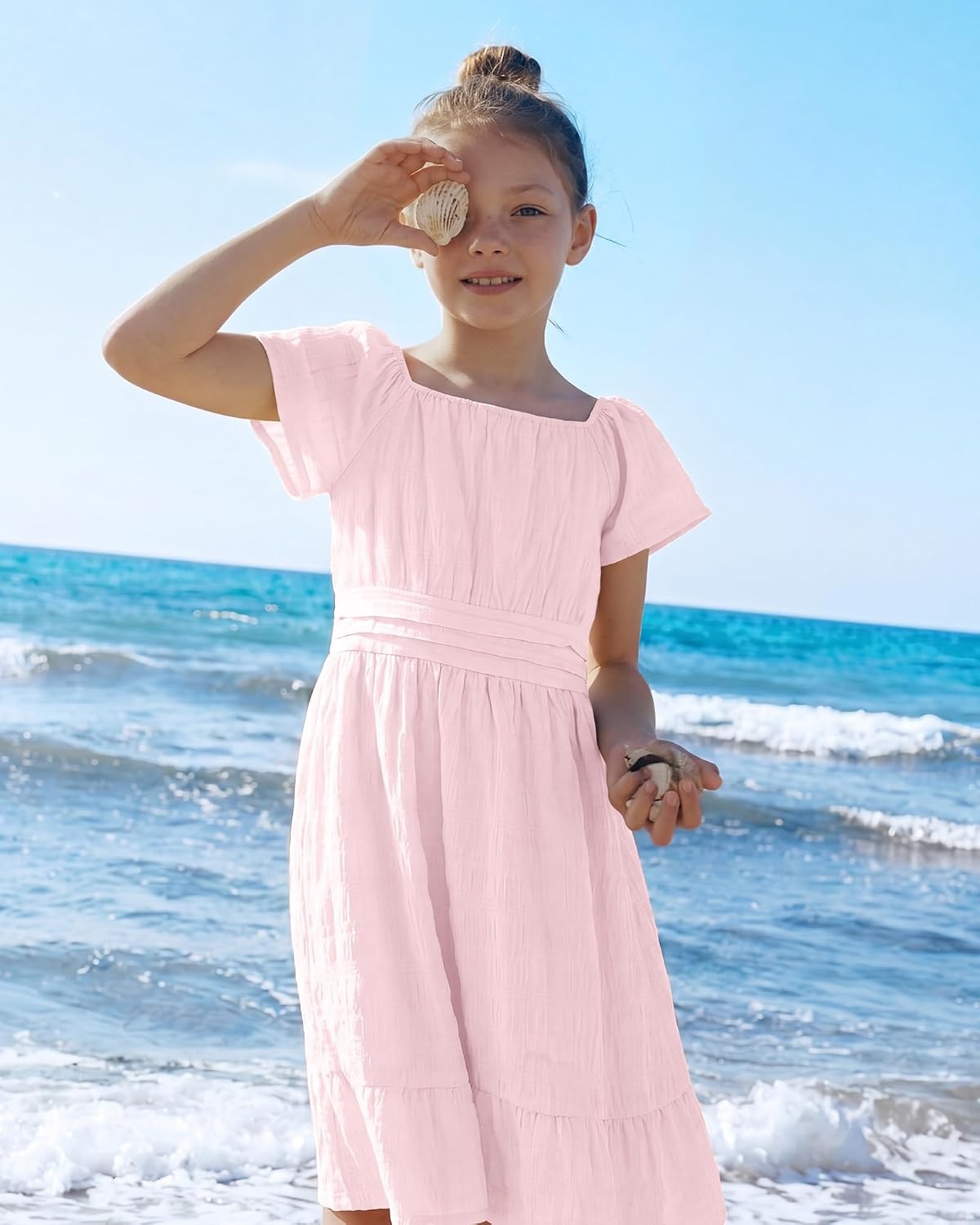 Stelle Girls Summer Casual Smocked Dress 5-15 Years(Light Pink)