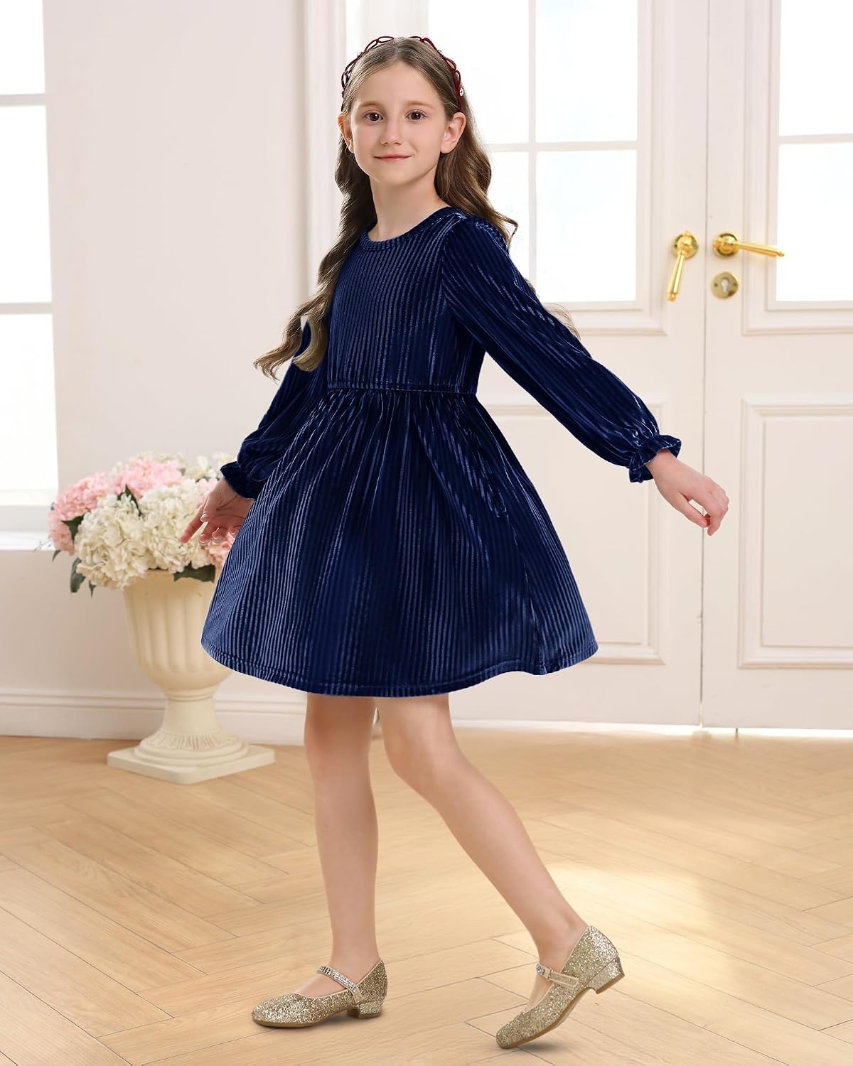 Stelle Girls Long Sleeve Velvet Dress with Pockets 5-15 Years | Bell Sleeve,Knee Length,Ribbed,A Line,Twirly Dress,High Waist,Fall/Winter Dress,Holiday/Christmas/New Years Eve/Party(Indigo)