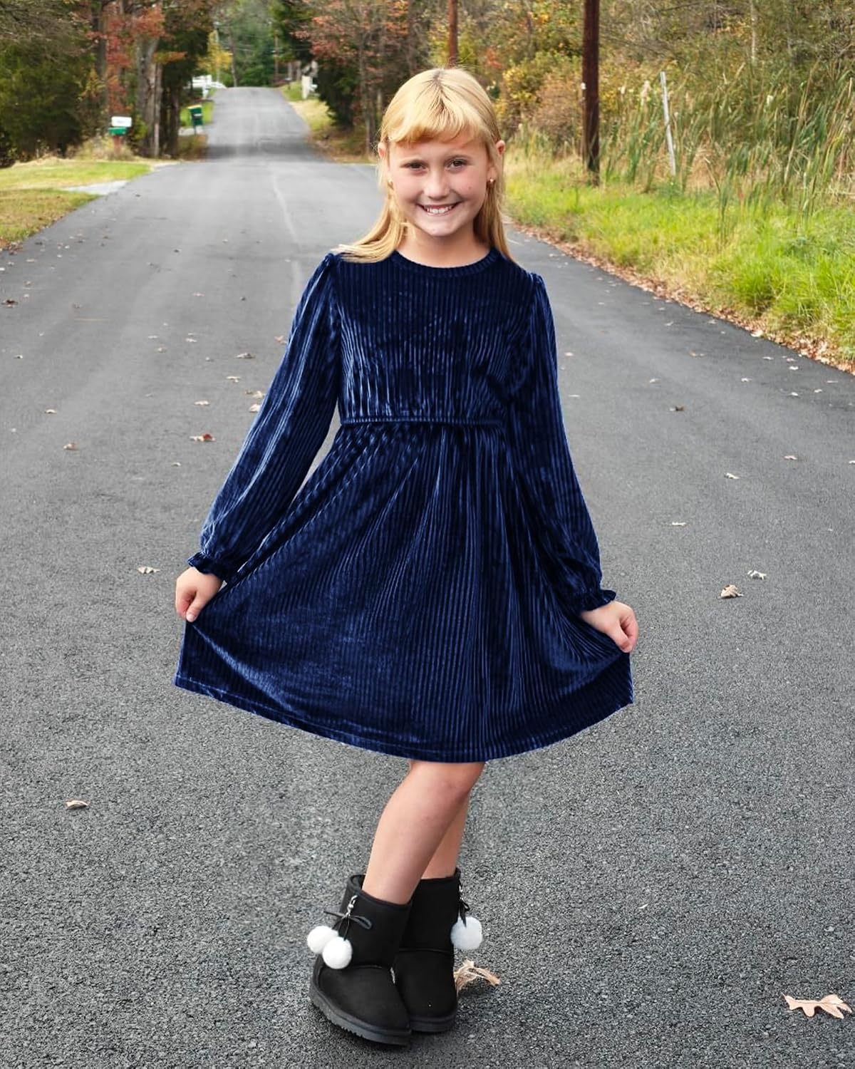 Stelle Girls Long Sleeve Velvet Dress with Pockets 5-15 Years | Bell Sleeve,Knee Length,Ribbed,A Line,Twirly Dress,High Waist,Fall/Winter Dress,Holiday/Christmas/New Years Eve/Party(Indigo)