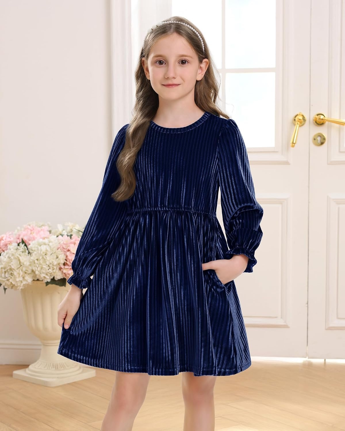 Stelle Girls Long Sleeve Velvet Dress with Pockets 5-15 Years | Bell Sleeve,Knee Length,Ribbed,A Line,Twirly Dress,High Waist,Fall/Winter Dress,Holiday/Christmas/New Years Eve/Party(Indigo)