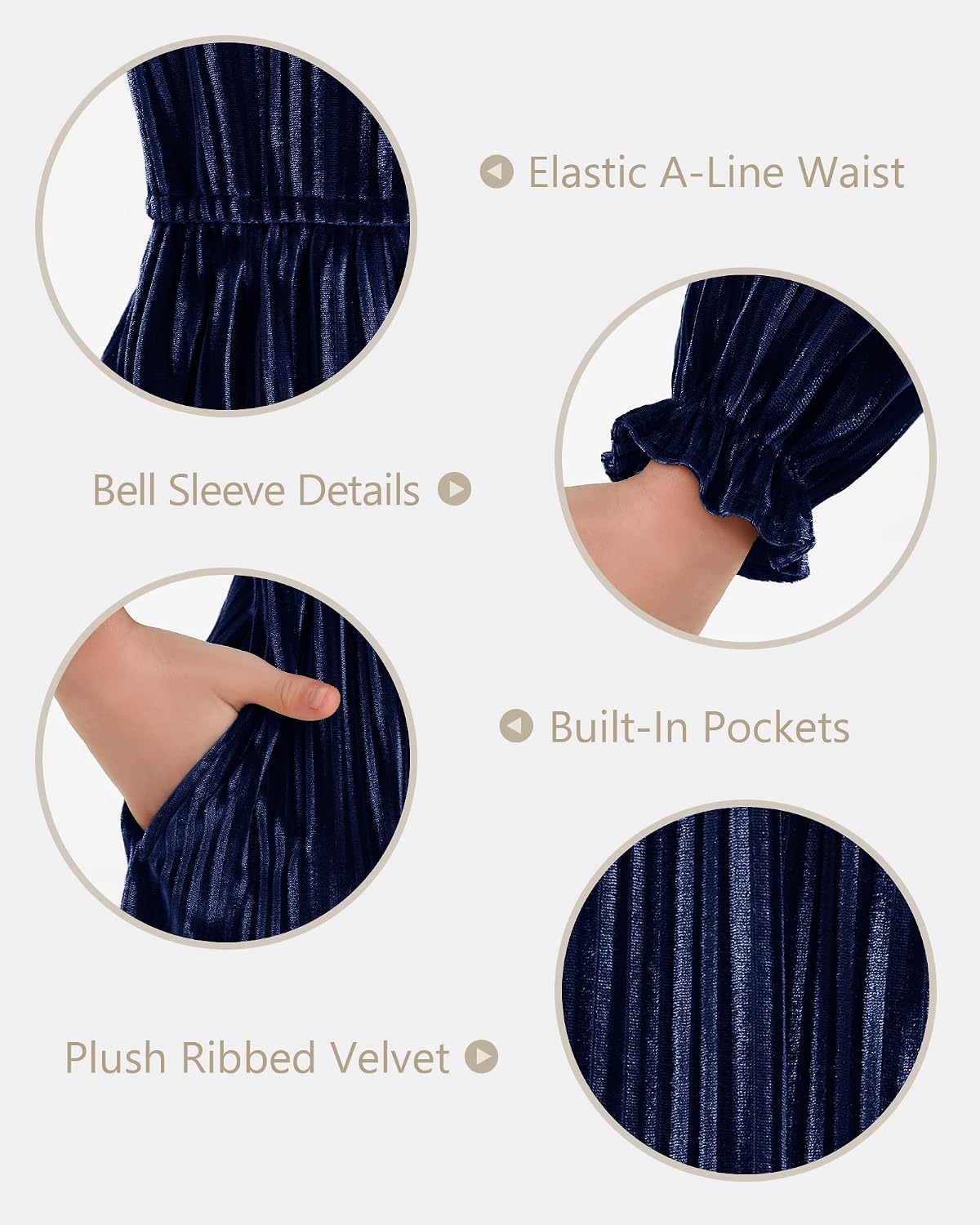 Stelle Girls Long Sleeve Velvet Dress with Pockets 5-15 Years | Bell Sleeve,Knee Length,Ribbed,A Line,Twirly Dress,High Waist,Fall/Winter Dress,Holiday/Christmas/New Years Eve/Party(Indigo)
