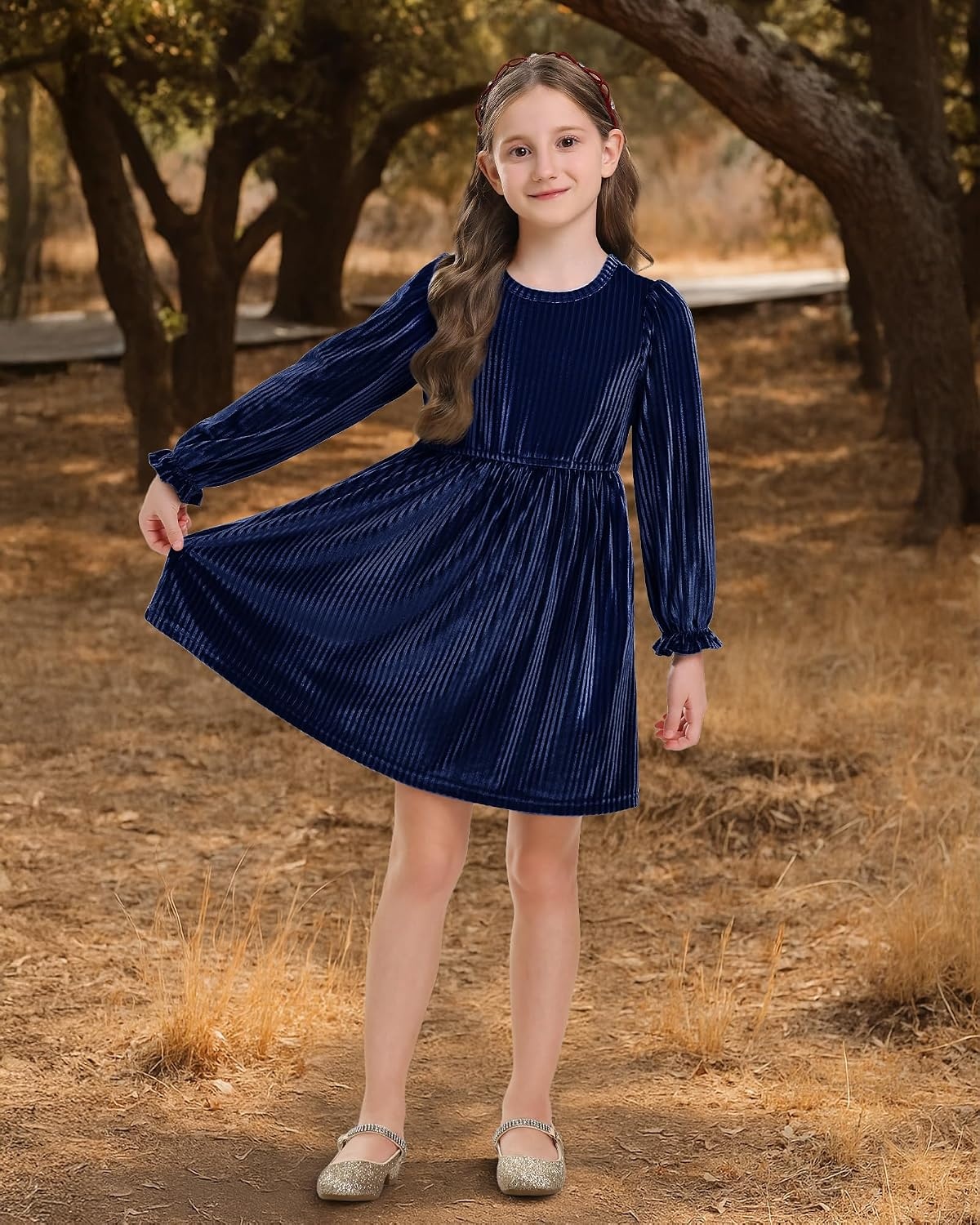 Stelle Girls Long Sleeve Velvet Dress with Pockets 5-15 Years | Bell Sleeve,Knee Length,Ribbed,A Line,Twirly Dress,High Waist,Fall/Winter Dress,Holiday/Christmas/New Years Eve/Party(Indigo)