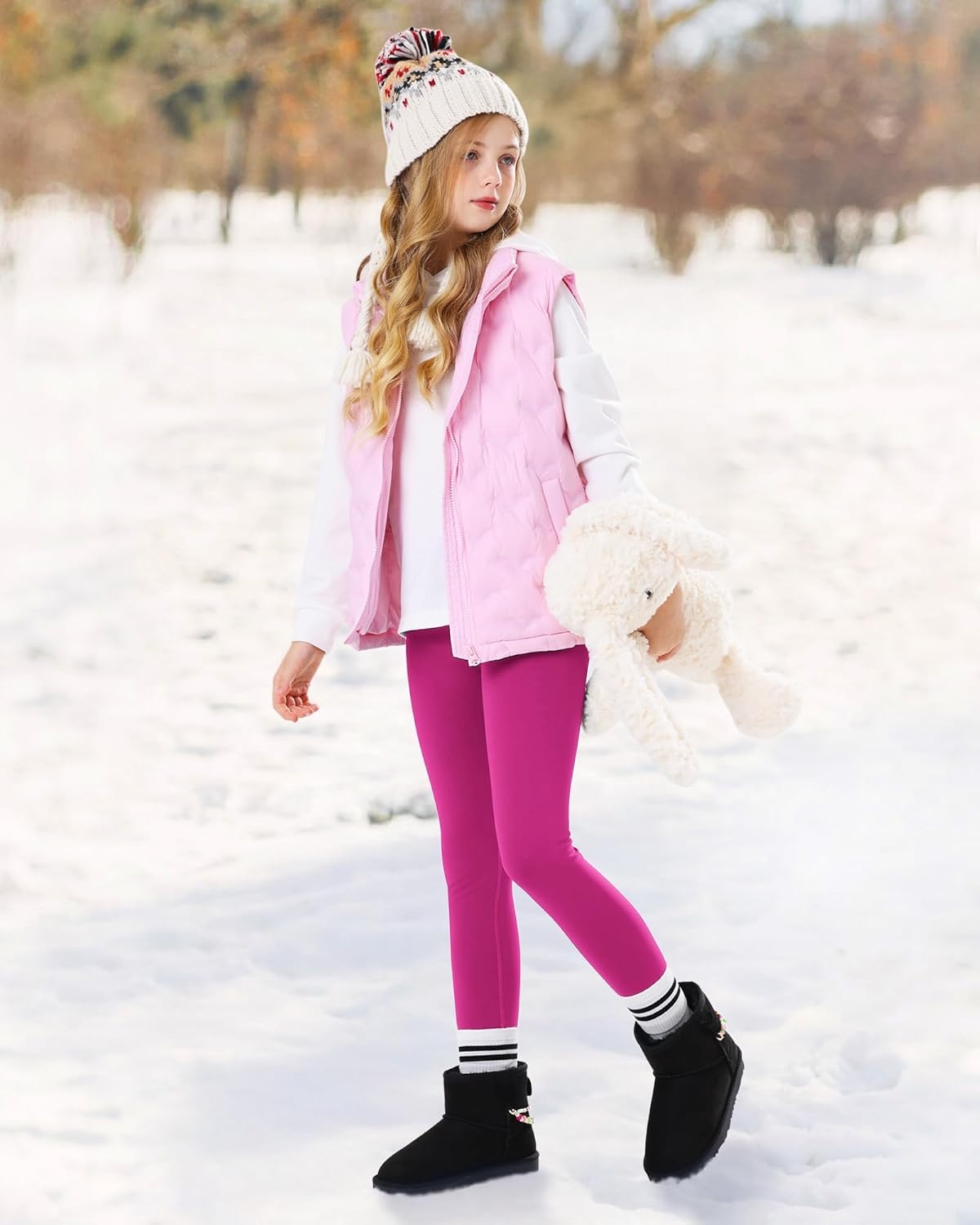 Stelle Girl’s Fleece Lined Leggings Youth High Waist Warm Winter Athletic Yoga Pants with Hidden Pocket(Hot Pink)