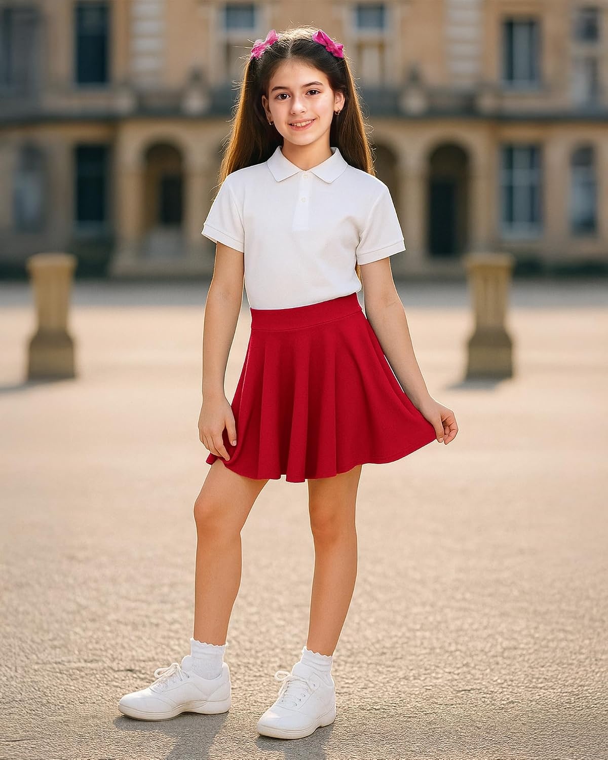 Stelle Girls Pleated Skater Uniform Skirts with Built in Shorts for School(Red)
