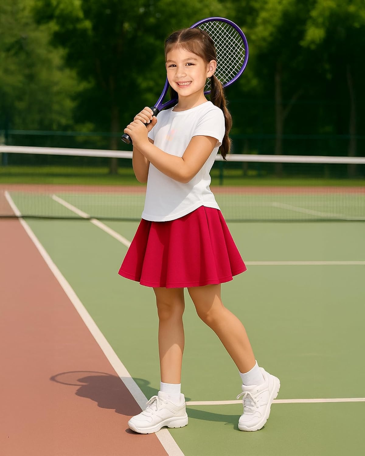Stelle Girls Pleated Skater Uniform Skirts with Built in Shorts for School(Red)