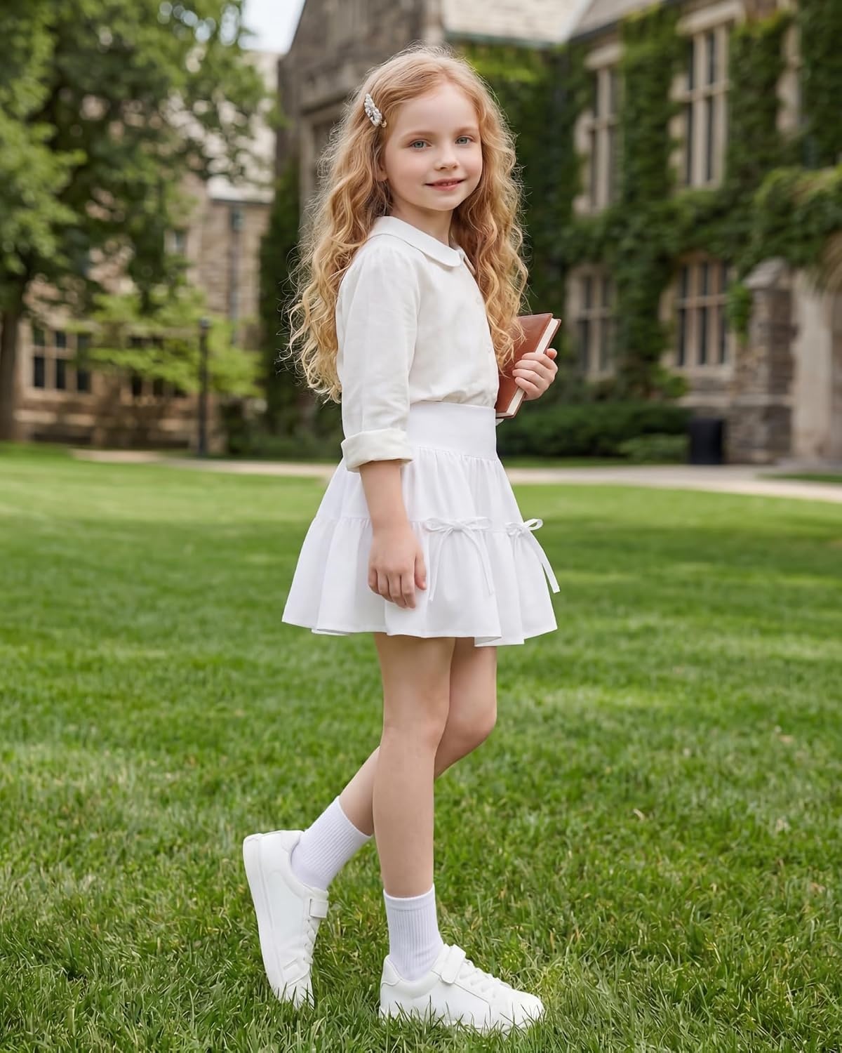 Stelle Girls Athletic Skirts with Pockets Inner Shorts High Waisted Tennis Skorts Golf Running Sports Skirt(White)