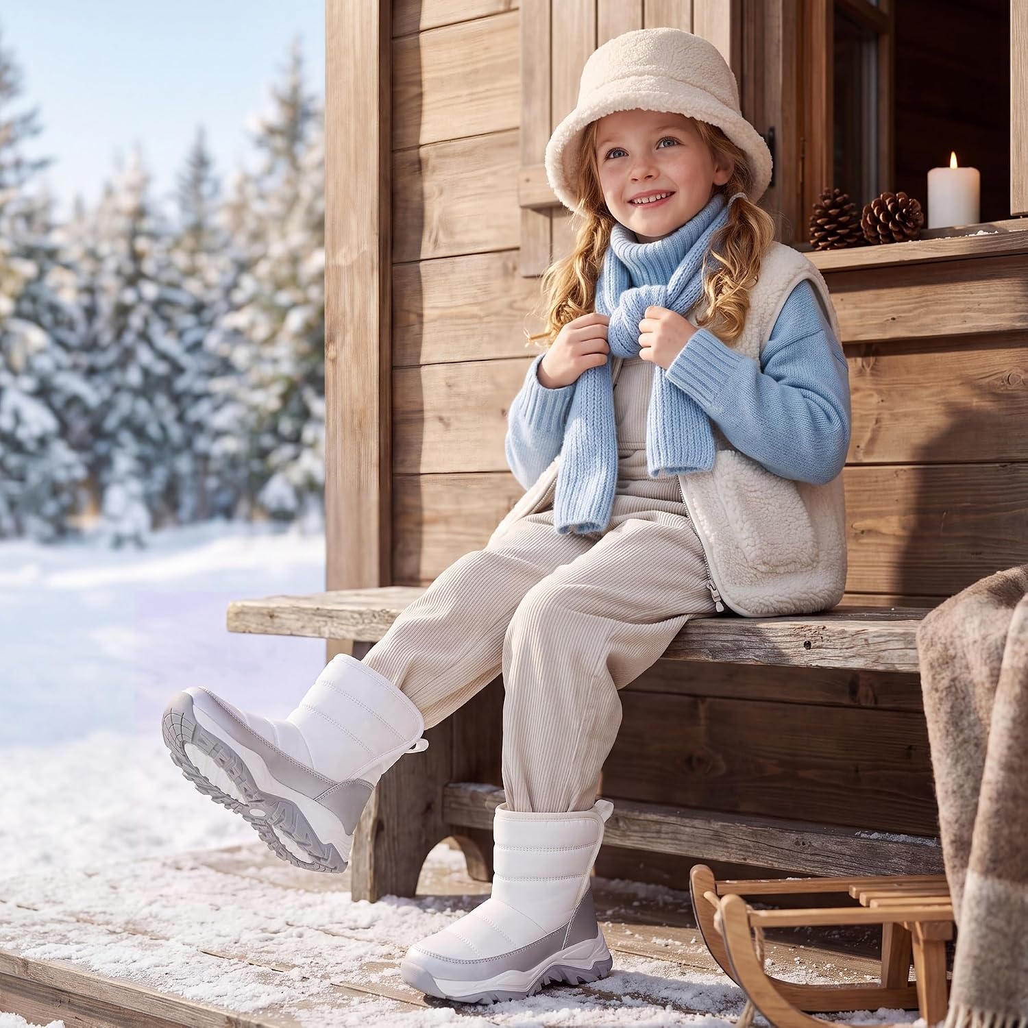 Stelle Toddler Snow Boots Girls Lightweight Warm Winter Shoes(White)
