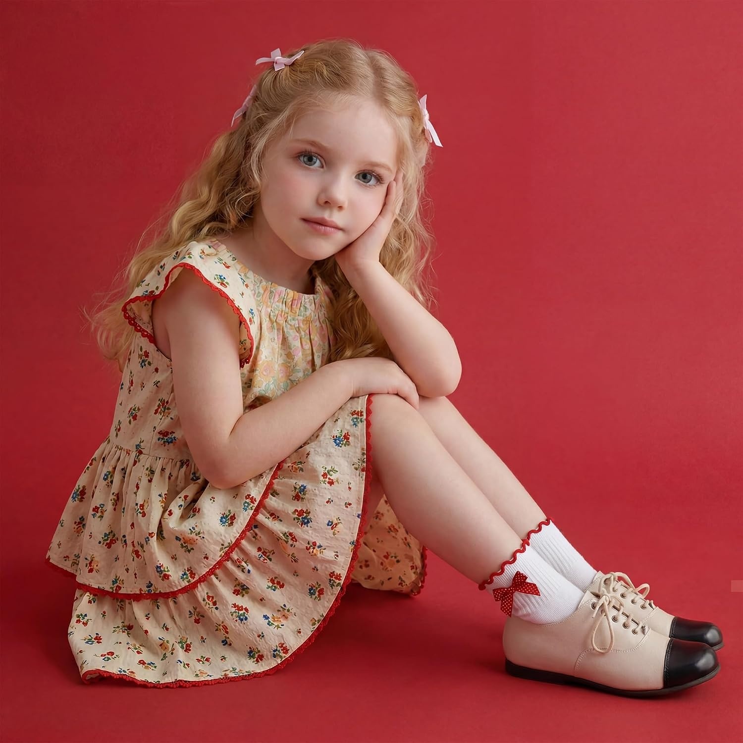 Stelle Girls Socks Ruffle Socks for Girls Cotton Striped Crew Sock Girls Athletic Socks(Red Bow+pink Bow+black Bow)