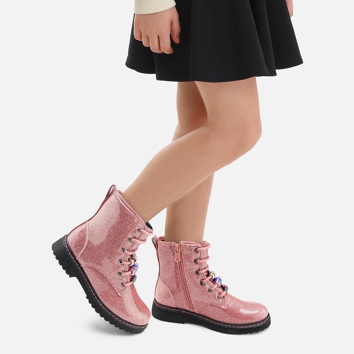 Stelle Girls Combat Boots with DIY Lace Up Side Zipper Ankle Boots(Pink Glitter)