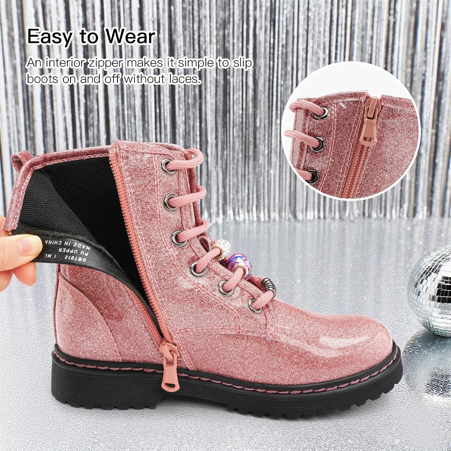Stelle Girls Combat Boots with DIY Lace Up Side Zipper Ankle Boots(Pink Glitter)